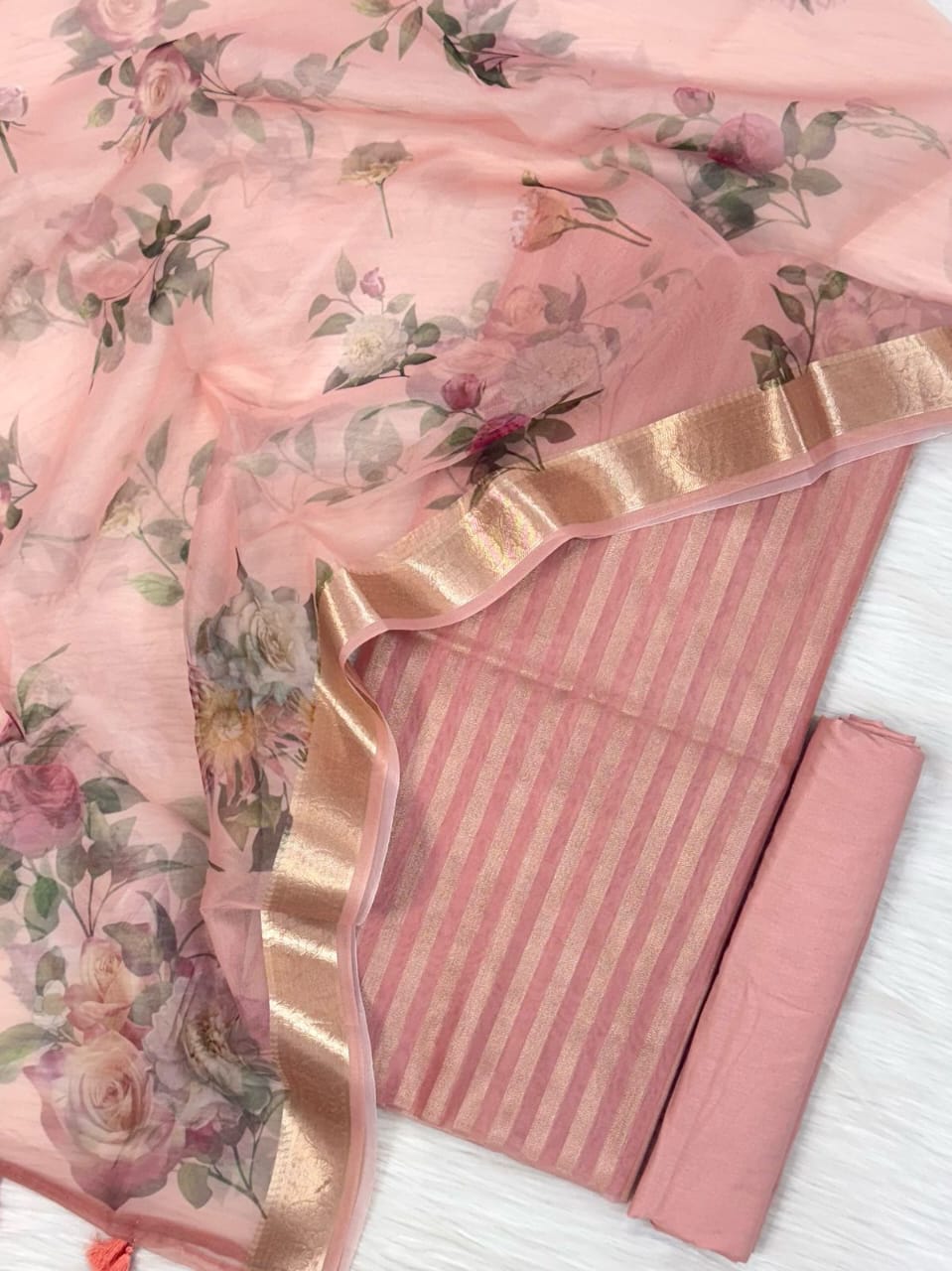 Peach Floral Organza Banarasi Suit with Golden Zari Stripe Top & Digital Printed Dupatta 900SKL_PMD1