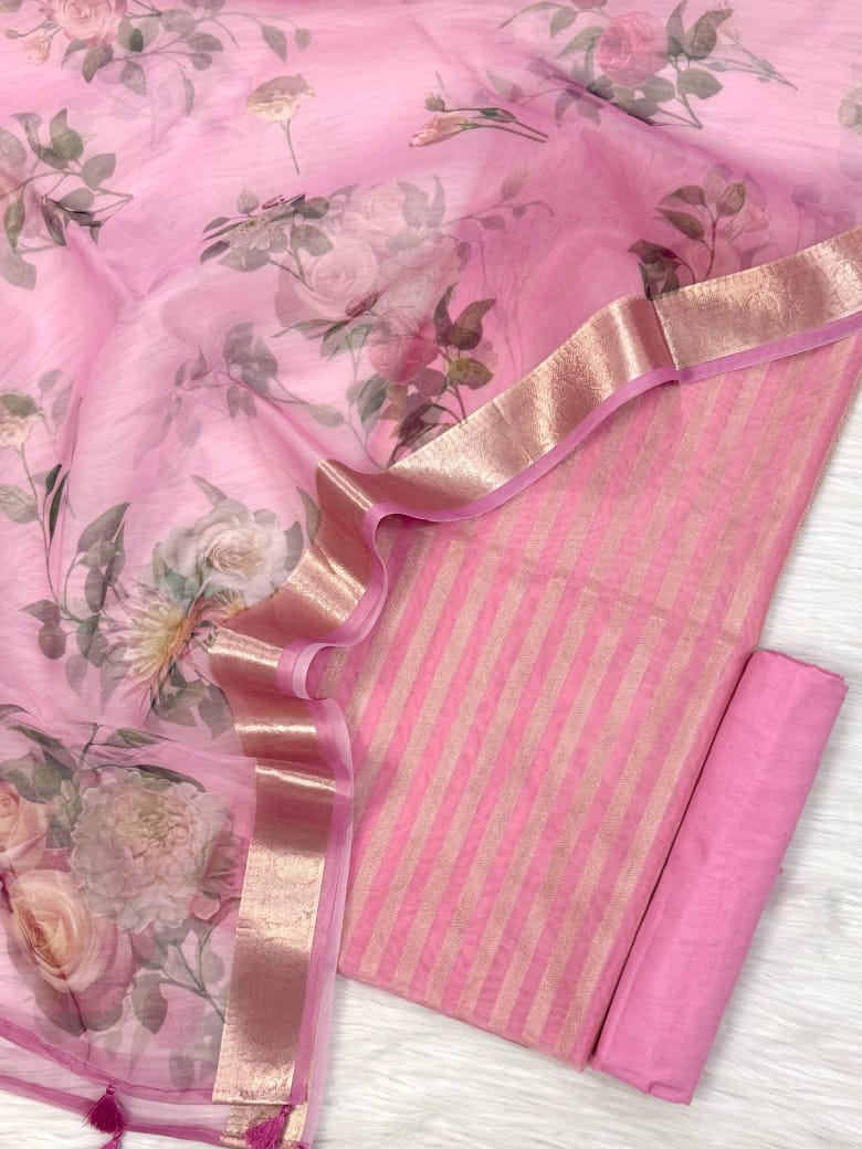 Pink Floral Organza Banarasi Suit with Golden Zari Stripe Top & Digital Printed Dupatta 900SKL_PMD2