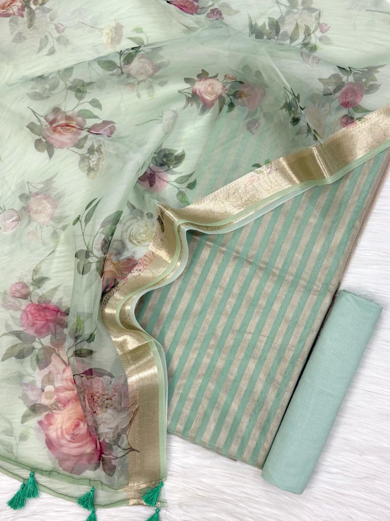 Mint Green Floral Organza Banarasi Suit with Golden Zari Stripe Top & Digital Printed Dupatta 900SKL_PMD4