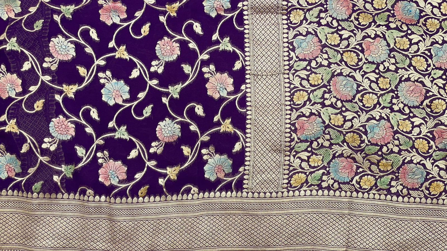 Faishana Pure Silk Handloom Exquisite Purple Khaddi Georgette Hand Brush Floral Zari Kadhwa Jaal with Banarasi Zari Border with Purple Blouse