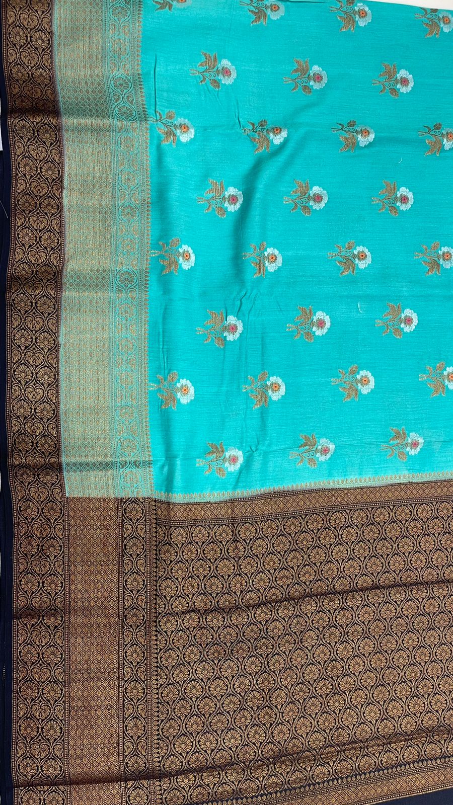 Faishana Pure Silk Handloom Sea Green Muga Silk Zari Mina Floral Booti Contrast Navy Blue Anchal Copper Zari Border Banarasi Saree with Navy Blouse