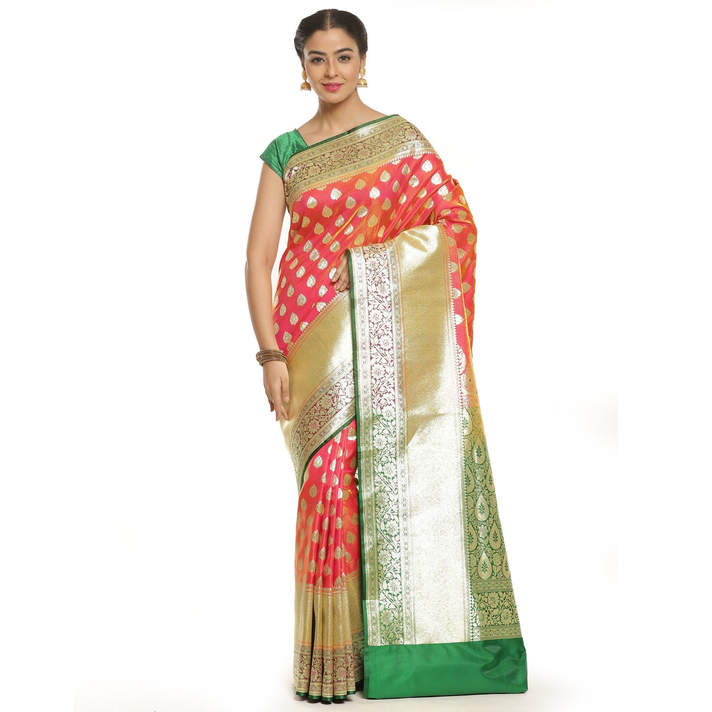 Faishana Presents Orange Mughal Motif Satin Silk Skirt Kadiyal Green Border Banarasi Saree