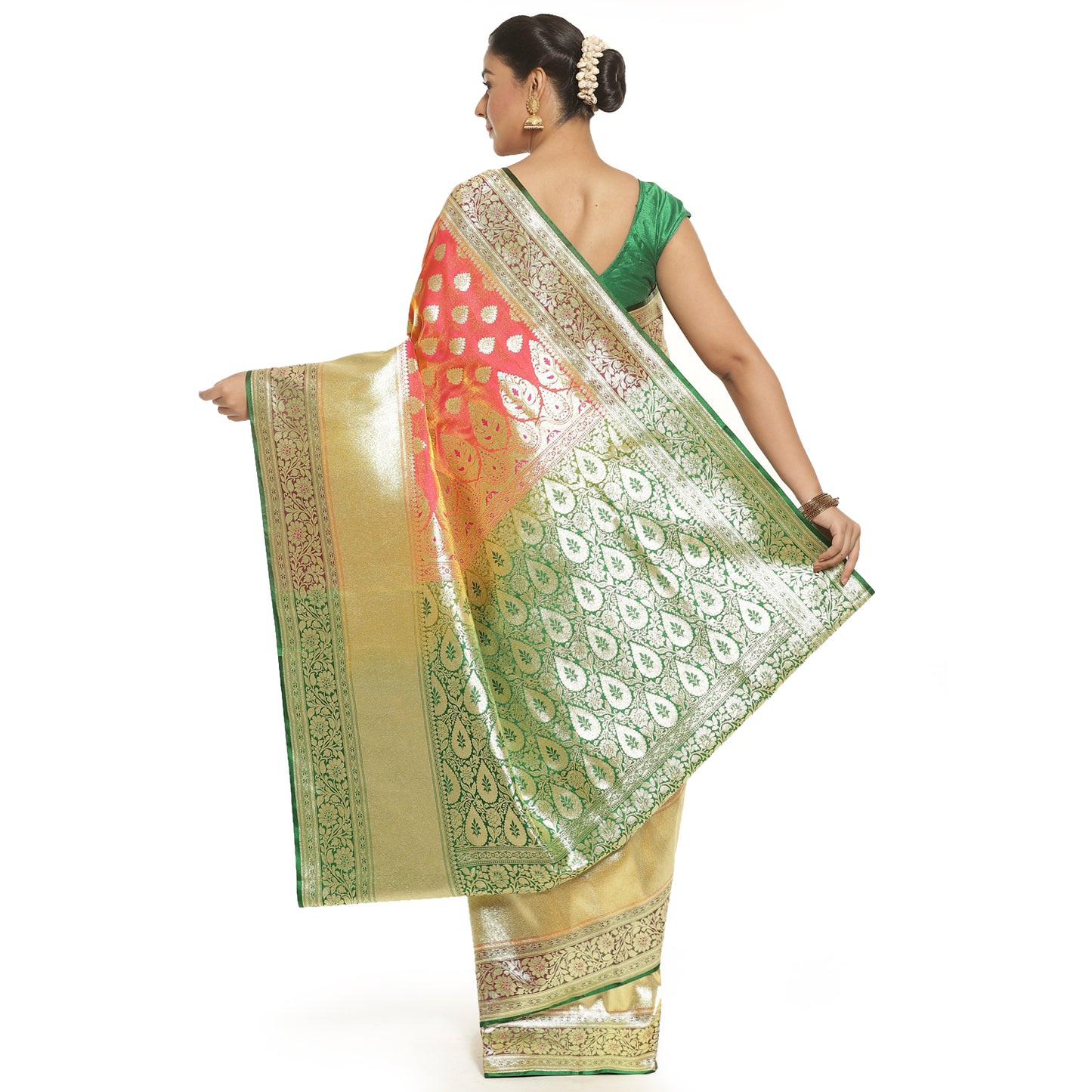 Faishana Presents Orange Mughal Motif Satin Silk Skirt Kadiyal Green Border Banarasi Saree