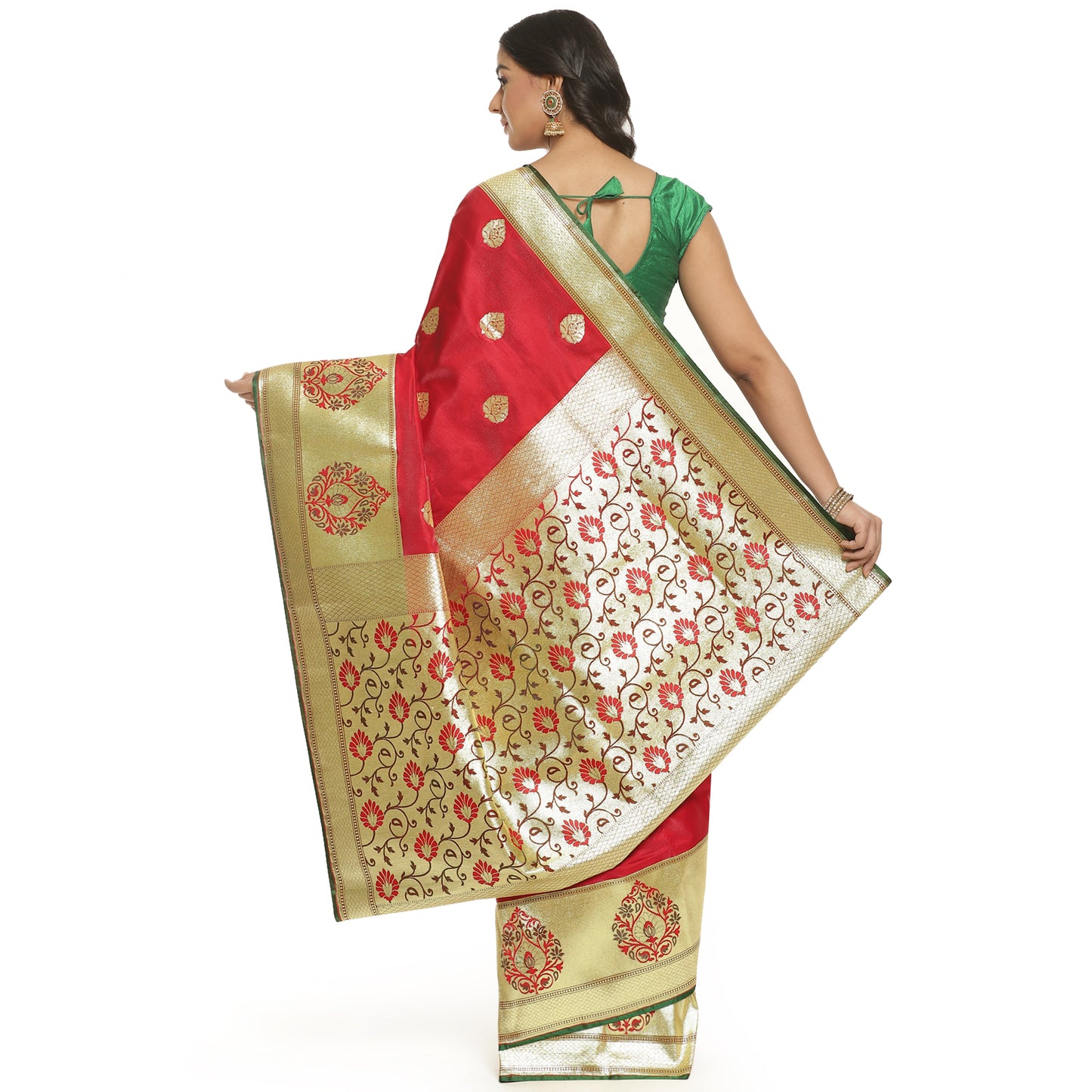 Faishana Presents Red Satin Silk Mughal Motif Zari Boota Paithani Anchal Skirt Border Green Blouse Banarasi Saree
