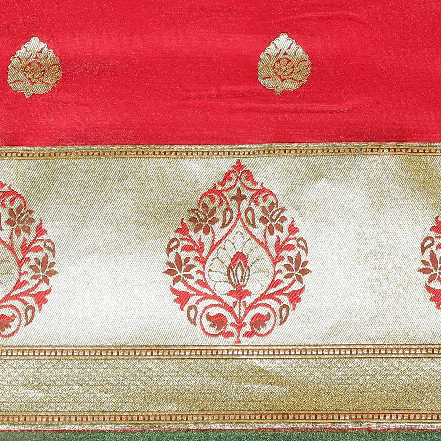 Faishana Presents Red Satin Silk Mughal Motif Zari Boota Paithani Anchal Skirt Border Green Blouse Banarasi Saree