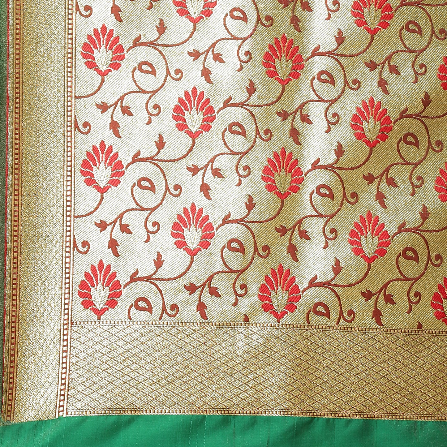 Faishana Presents Red Satin Silk Mughal Motif Zari Boota Paithani Anchal Skirt Border Green Blouse Banarasi Saree