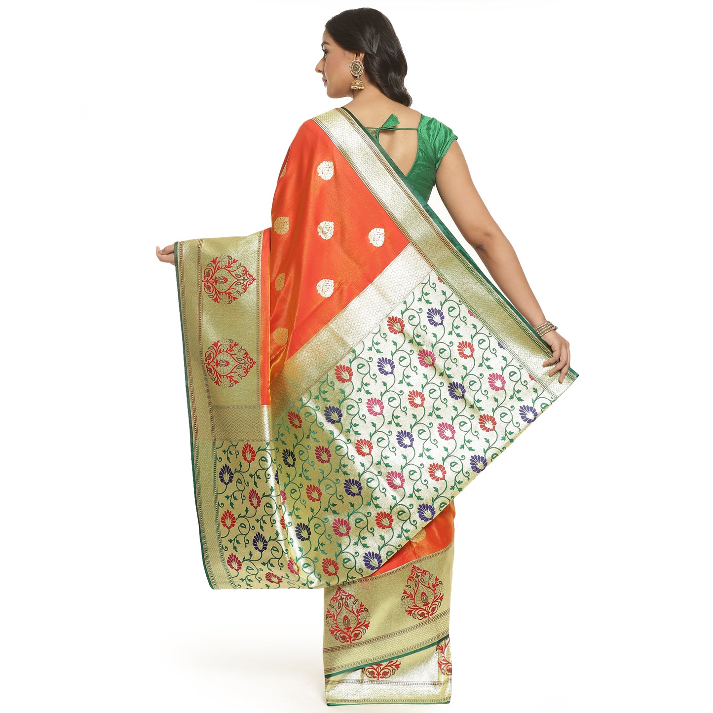 Faishana Presents Orange Satin Silk Zari Boota Paithani Anchal Skirt Border with Green Blouse Banarasi Saree
