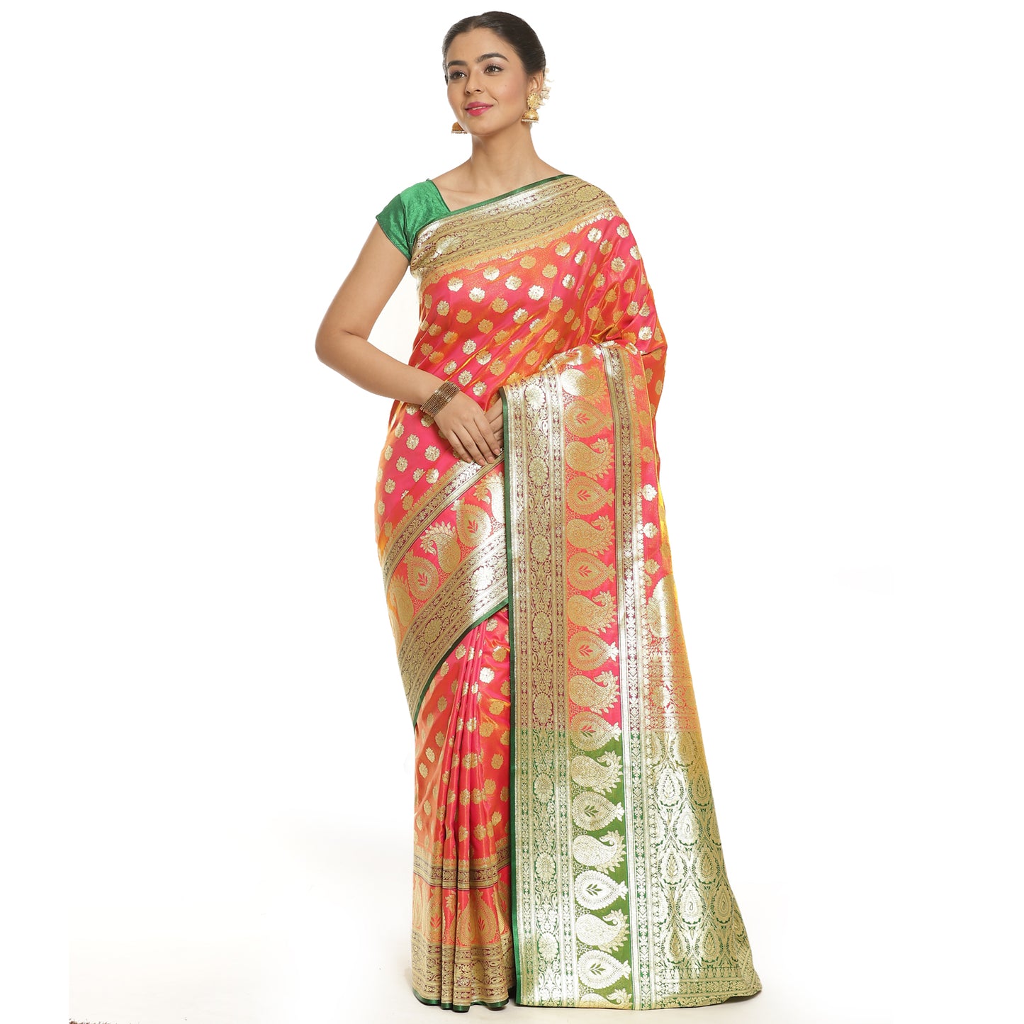 Faishana Presents Peach Mughal Motif Satin Silk Zari Booti Kadiyal Skirt Mustard & Green Border with Green Blouse Banarasi Saree