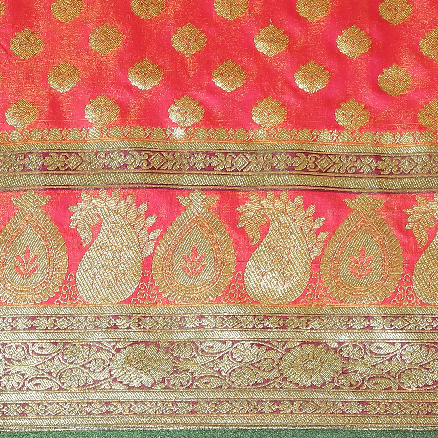 Faishana Presents Peach Mughal Motif Satin Silk Zari Booti Kadiyal Skirt Mustard & Green Border with Green Blouse Banarasi Saree