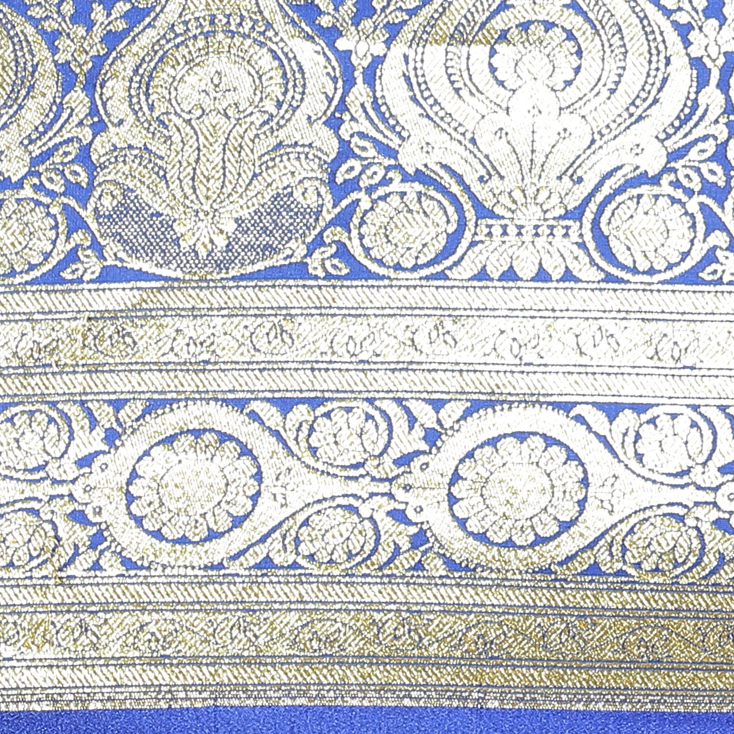 Faishana Presents Royal Blue Satin Silk Mughal Motif Half Half Patli Zari Booti With Skirt Border and Blue Blouse Banarasi Saree