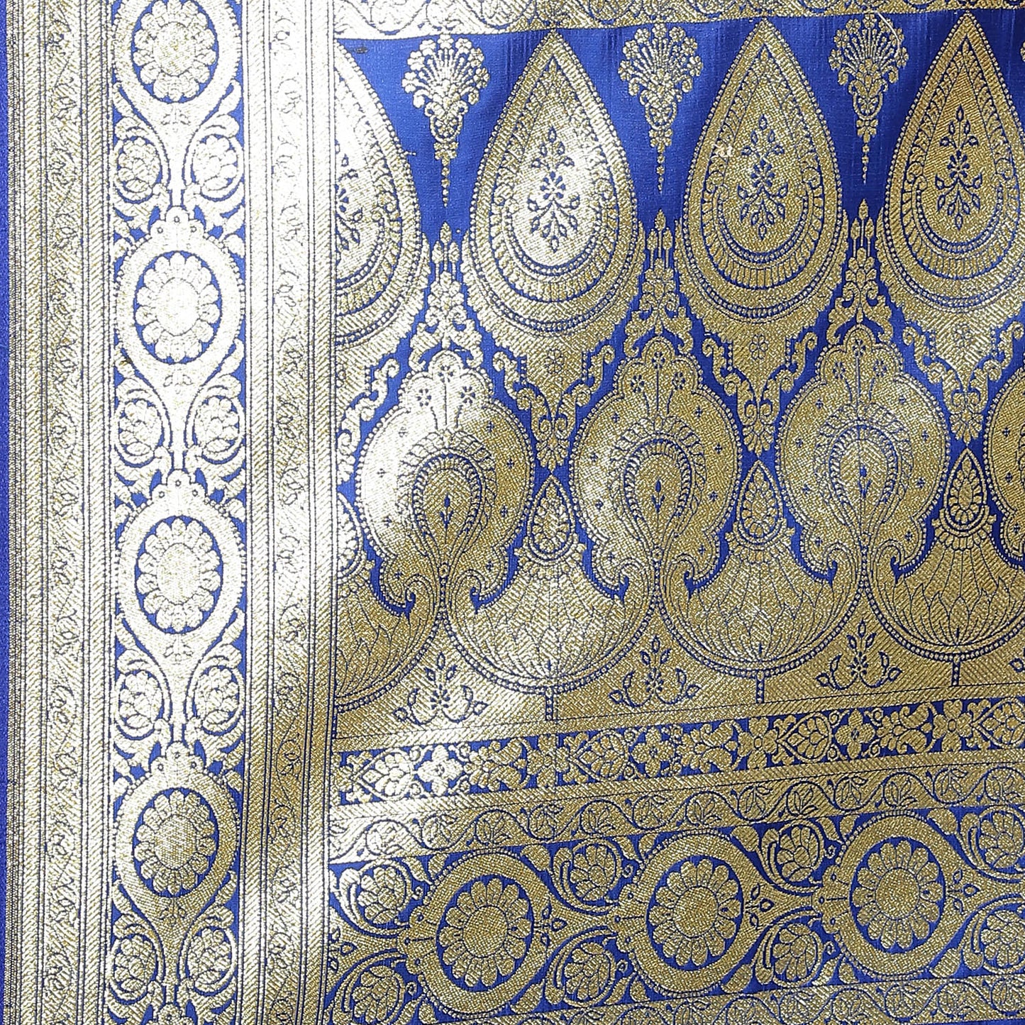 Faishana Presents Royal Blue Satin Silk Mughal Motif Half Half Patli Zari Booti With Skirt Border and Blue Blouse Banarasi Saree