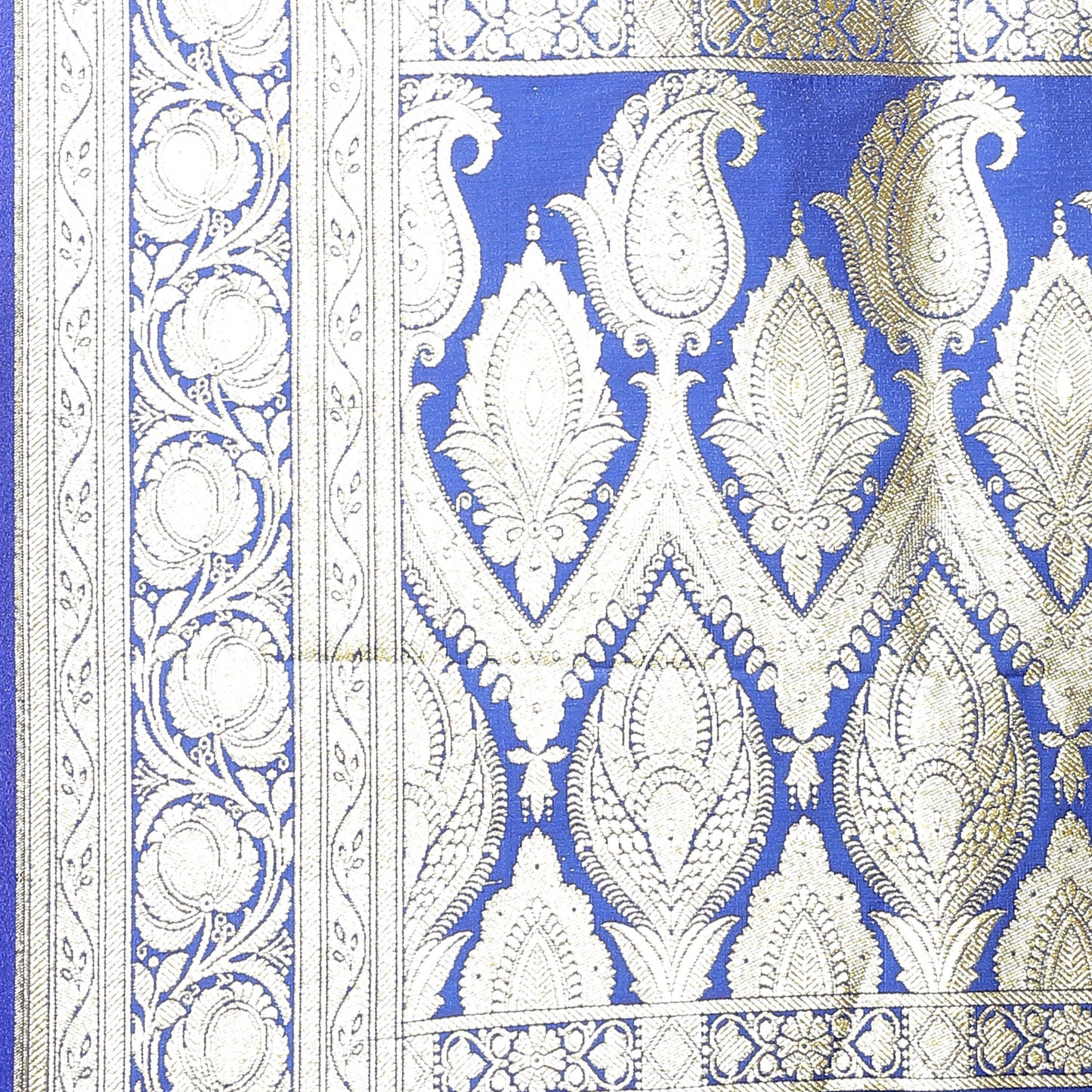 Faishana Presents Royal Blue Satin Silk Mughal Motif Zari Booti With Skirt Border and Blue Blouse Banarasi Saree