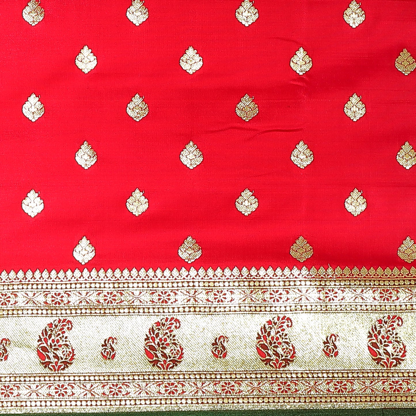 Faishana Red Satin Silk Mughal Motif Zari Booti Paithani Green Border with Contrast Green Blouse Saree