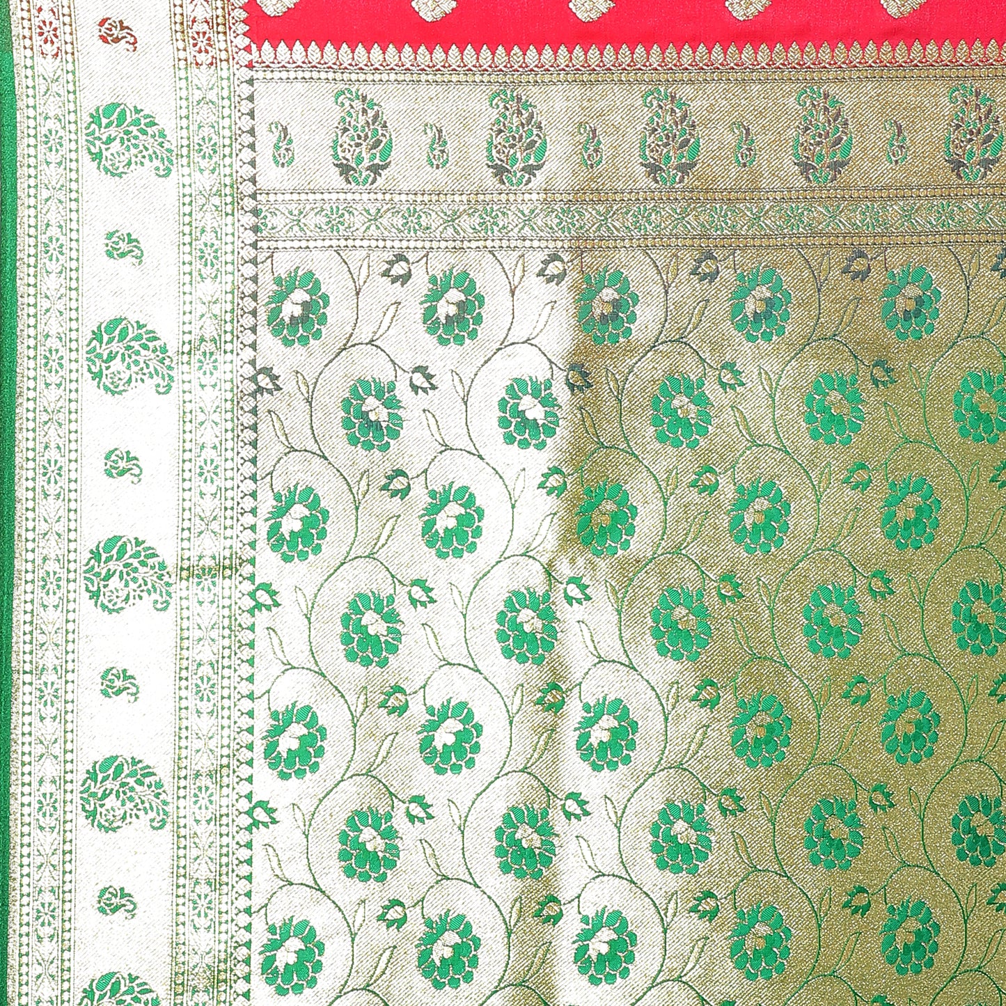 Faishana Red Satin Silk Mughal Motif Zari Booti Paithani Green Border with Contrast Green Blouse Saree