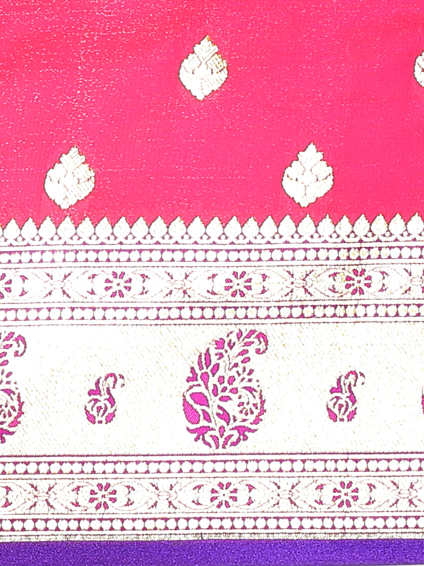 Faishana Presents Pink Satin Silk Mughal Motif Zari Booti Paithani Zari Border with Blue Blouse Saree