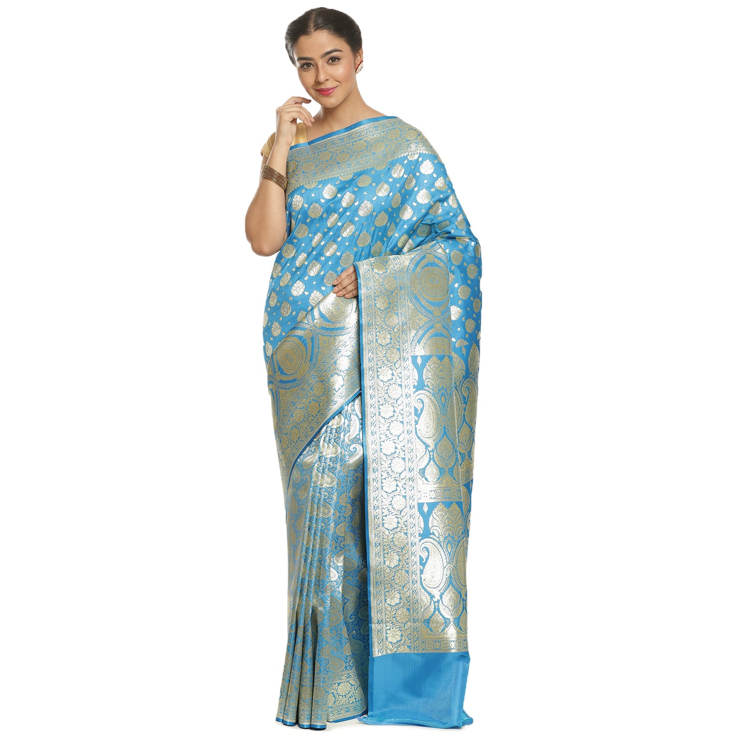 Faishana Presents Turqouise Blue Satin Silk Half Half Mughal Motif Booti With Skirt Border with Blue Blouse