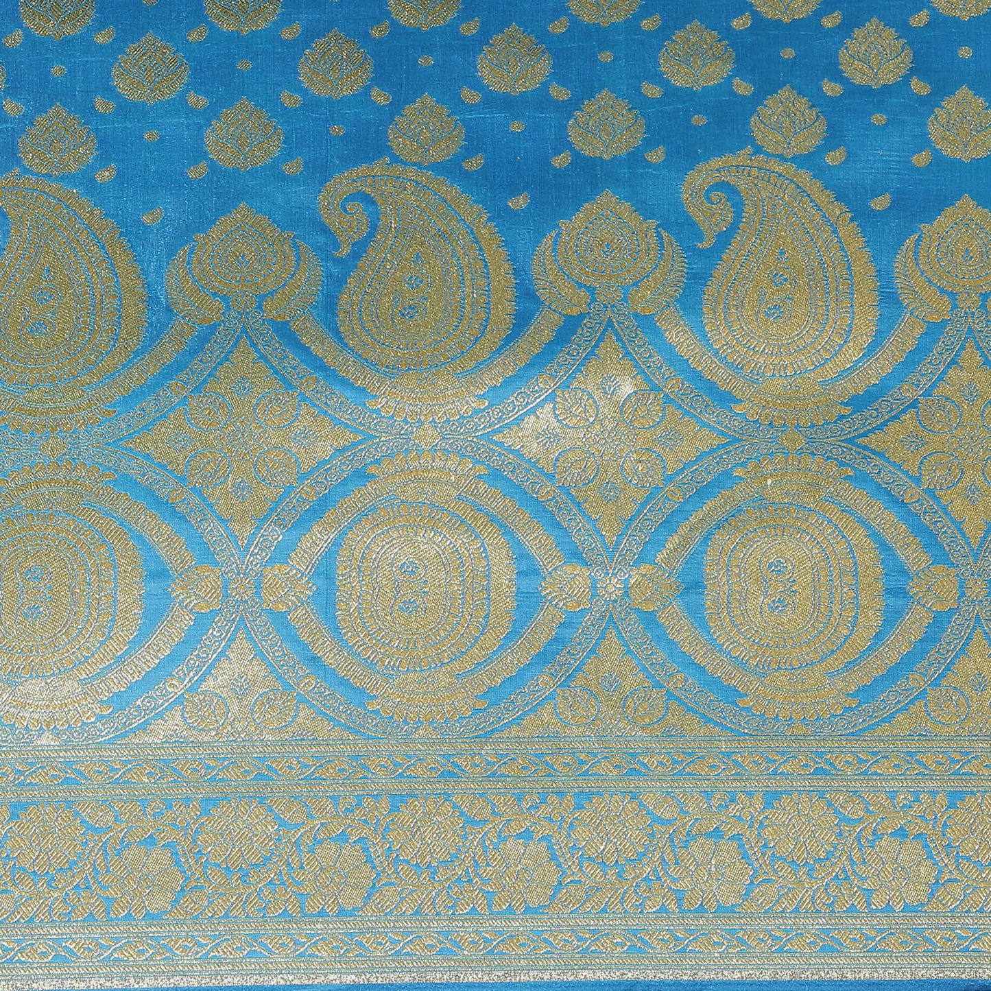 Faishana Presents Turqouise Blue Satin Silk Half Half Mughal Motif Booti With Skirt Border with Blue Blouse