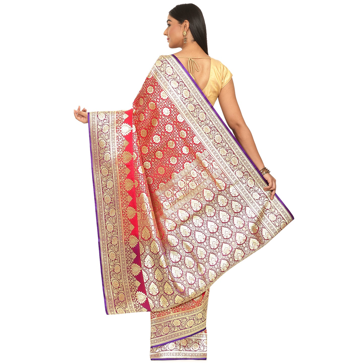 Faishana Presents Pink Satin Silk Mughal Motif Zari Jaal Booti Kadiyal Skirt Border with Blue Blouse Banarasi Saree