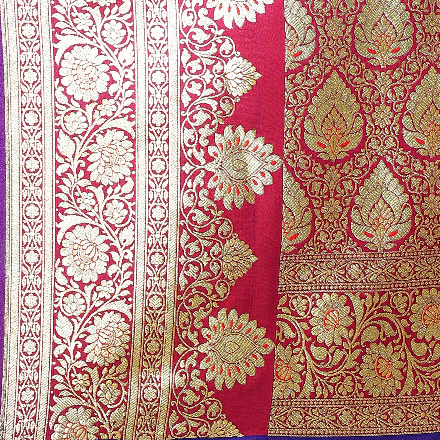 Faishana Presents Pink Satin Silk Mughal Motif Zari Jaal Booti Kadiyal Skirt Border with Blue Blouse Banarasi Saree