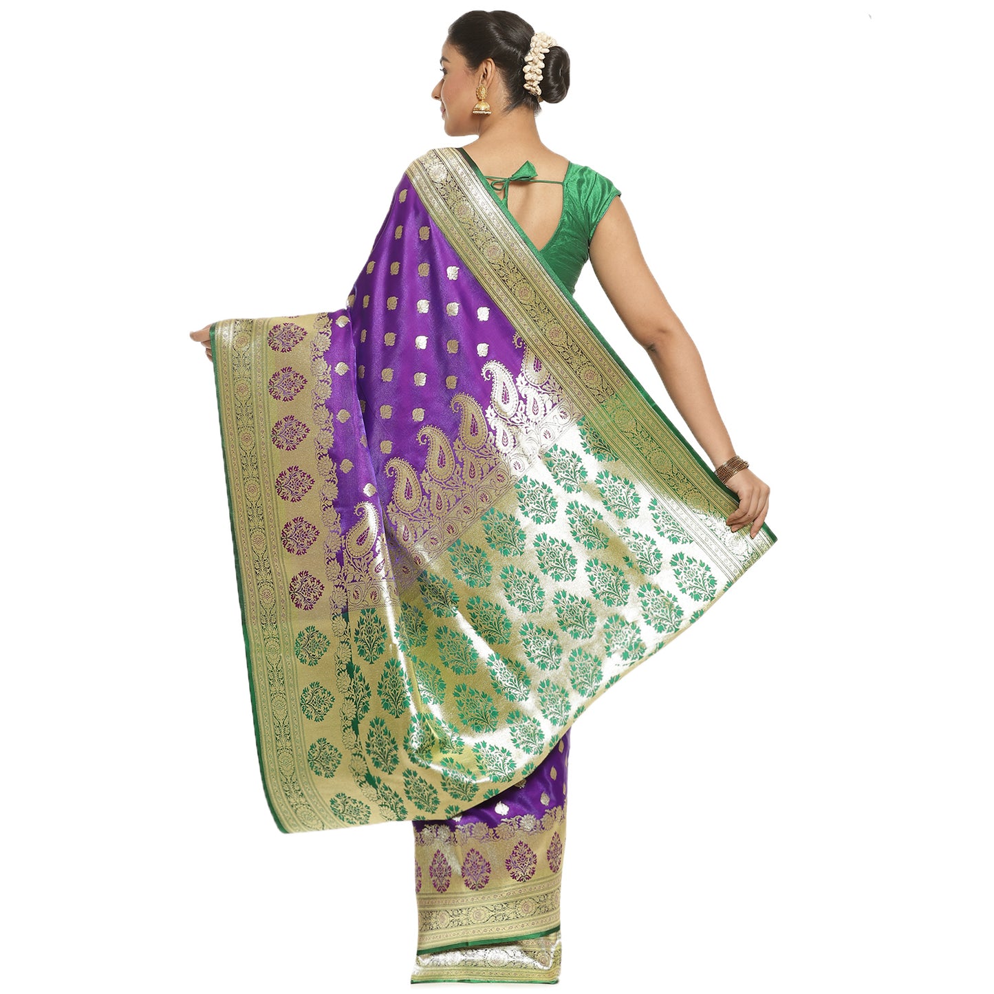 Faishana Presents Purple Satin Silk Mughal Motif Booti With Skirt Kadiyal Paithani Green Pallu & Border and Green Blouse Banarasi Saree