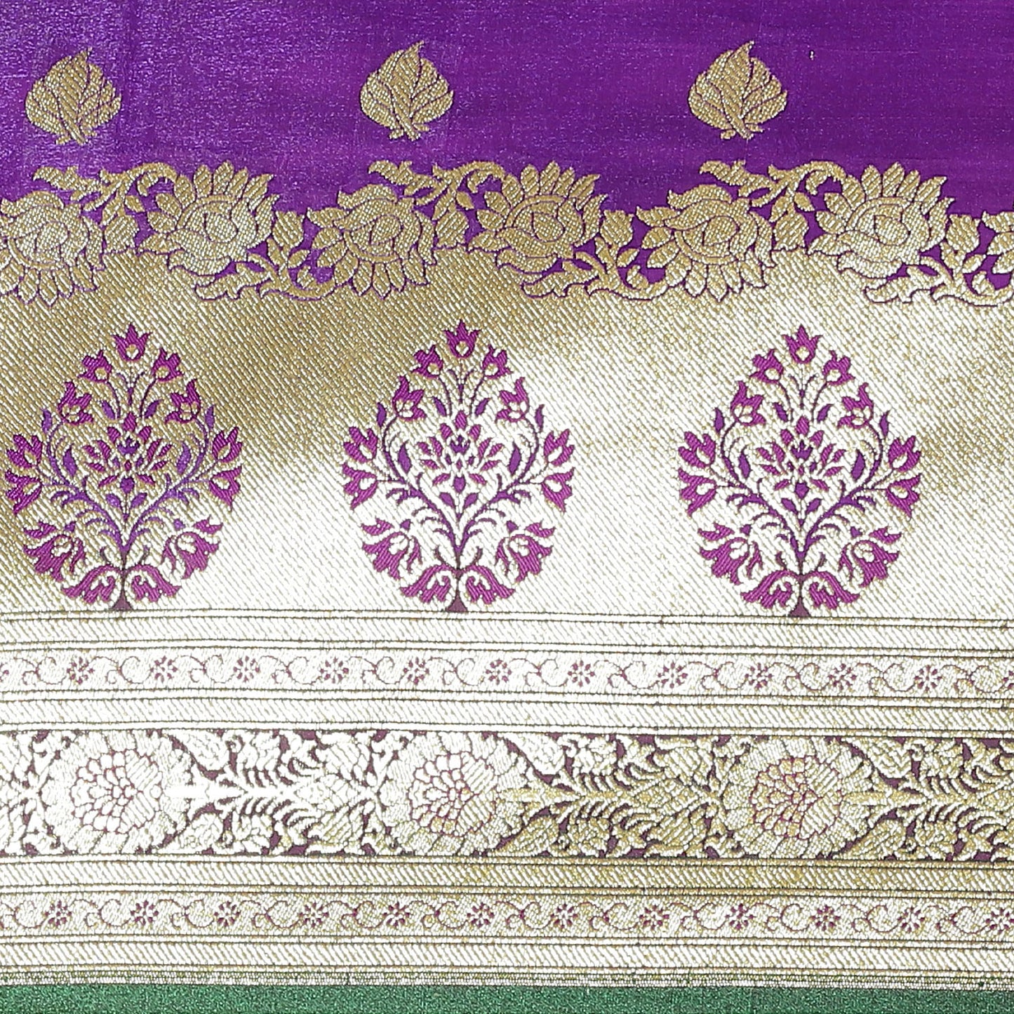 Faishana Presents Purple Satin Silk Mughal Motif Booti With Skirt Kadiyal Paithani Green Pallu & Border and Green Blouse Banarasi Saree