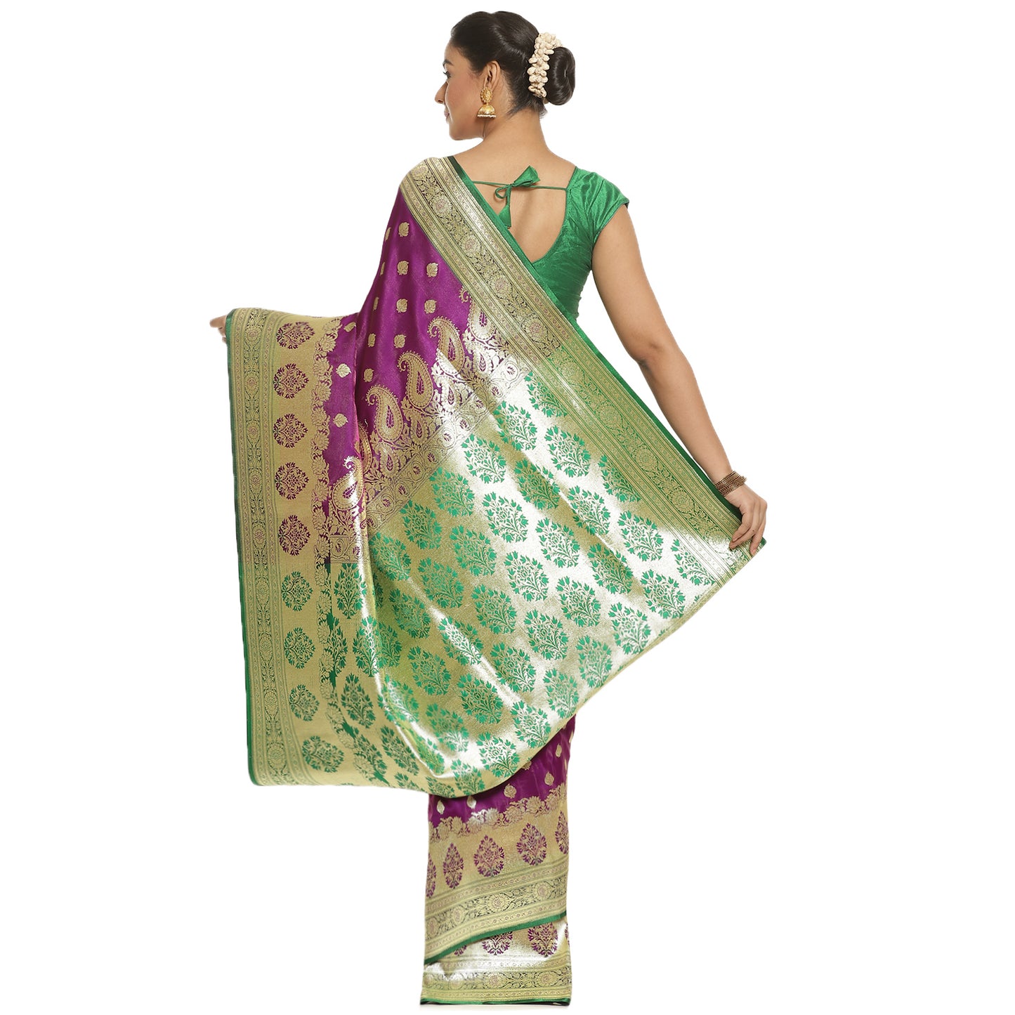 Faishana Presents Dark Purple Satin Silk Mughal Motif Booti With Skirt Kadiyal Paithani Green Pallu & Border and Green Blouse Banarasi Saree