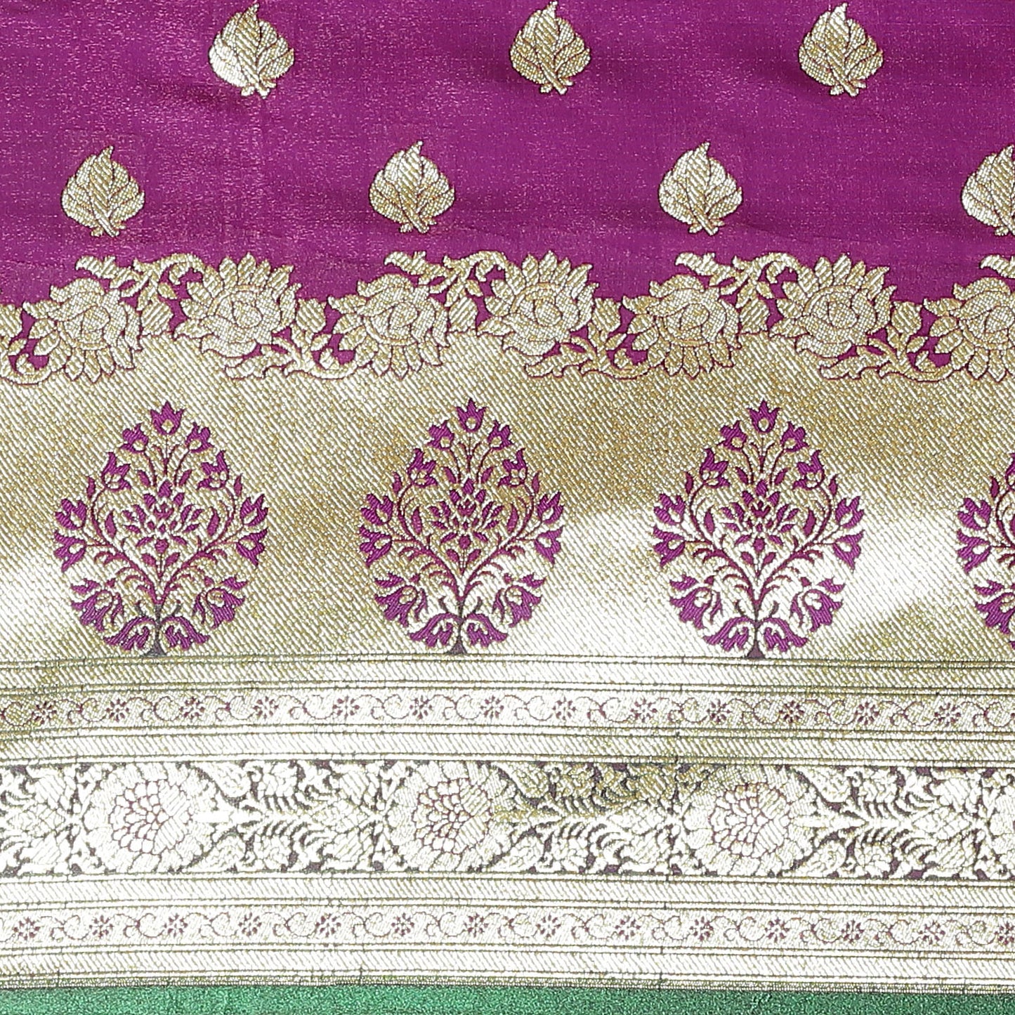 Faishana Presents Dark Purple Satin Silk Mughal Motif Booti With Skirt Kadiyal Paithani Green Pallu & Border and Green Blouse Banarasi Saree