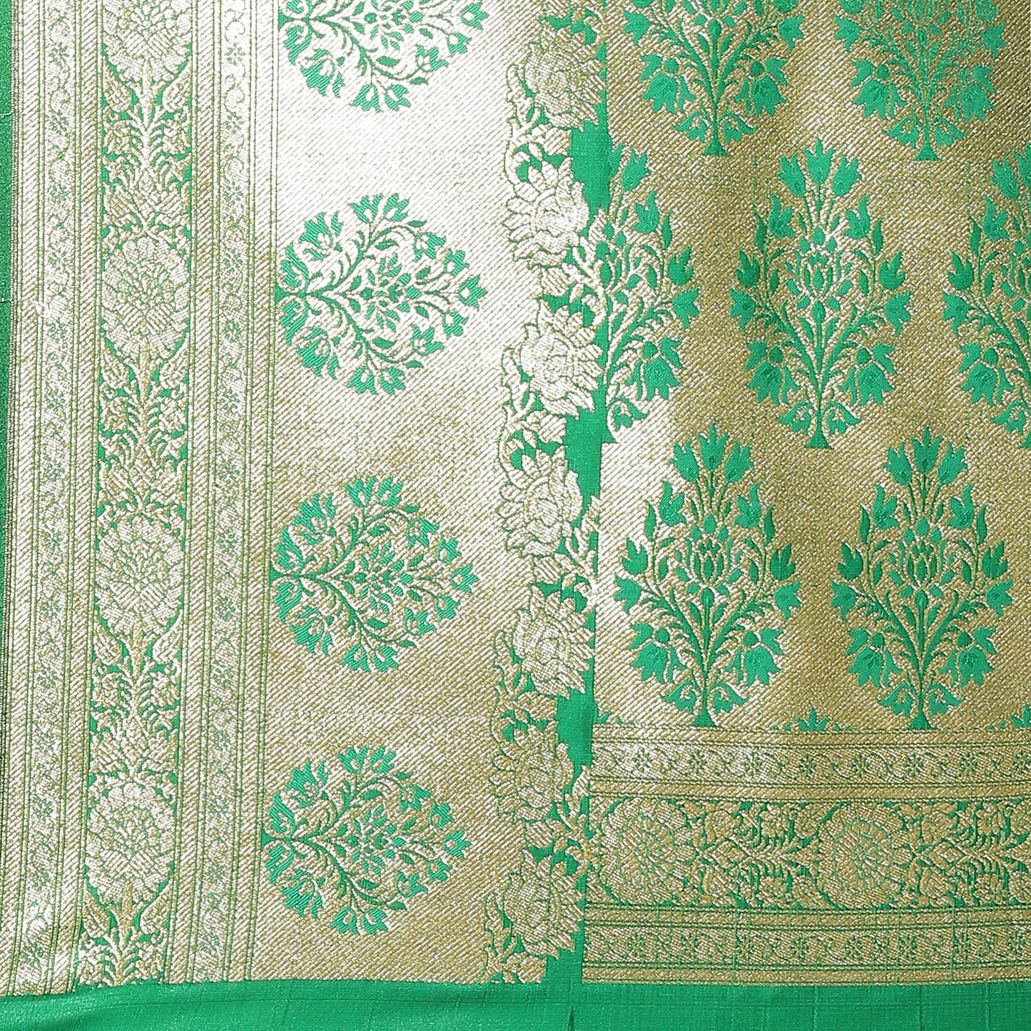 Faishana Presents Dark Purple Satin Silk Mughal Motif Booti With Skirt Kadiyal Paithani Green Pallu & Border and Green Blouse Banarasi Saree