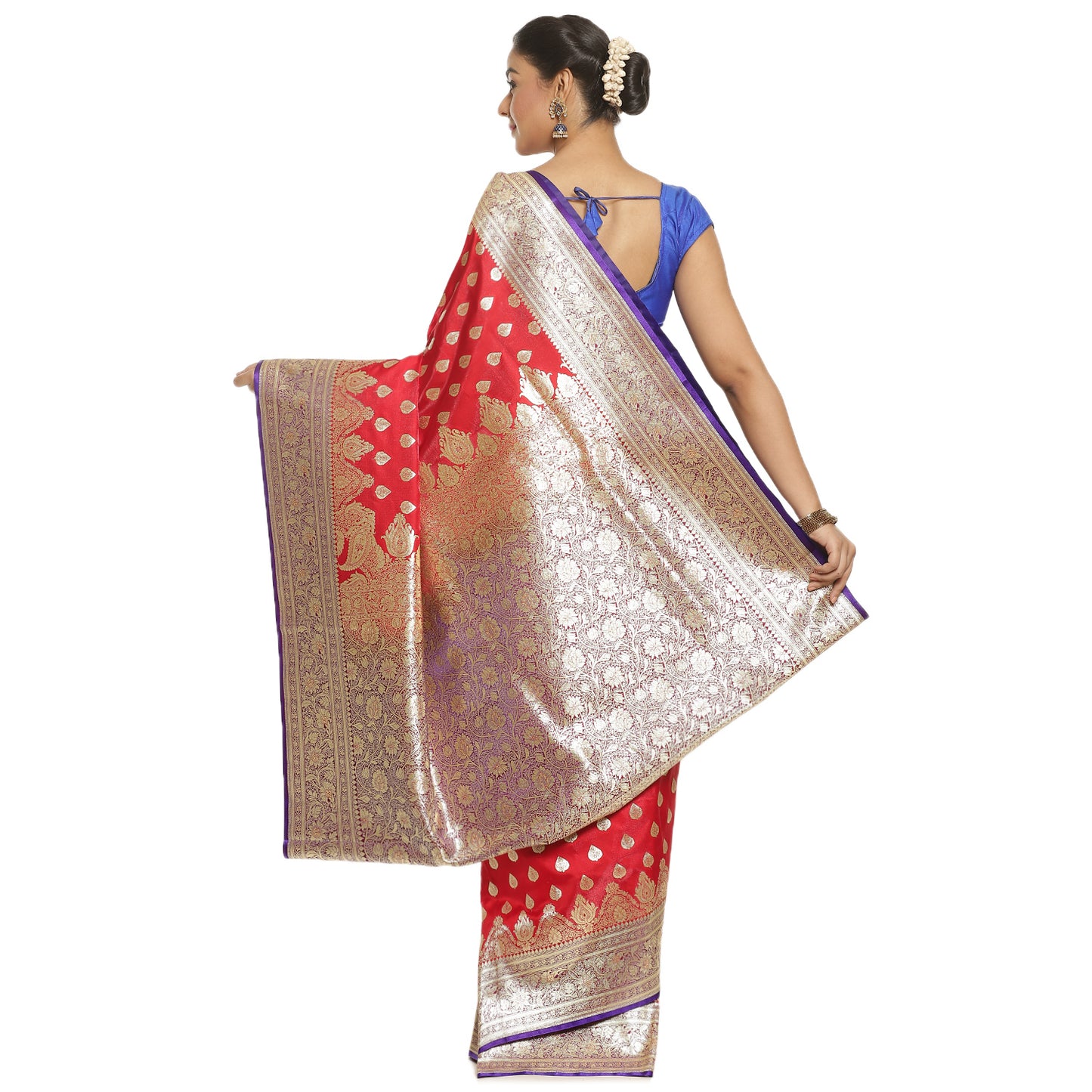 Faishana Presents Red Booti Mughal Motif Satin Silk Banarasi Saree Kadiyal Blue Borde