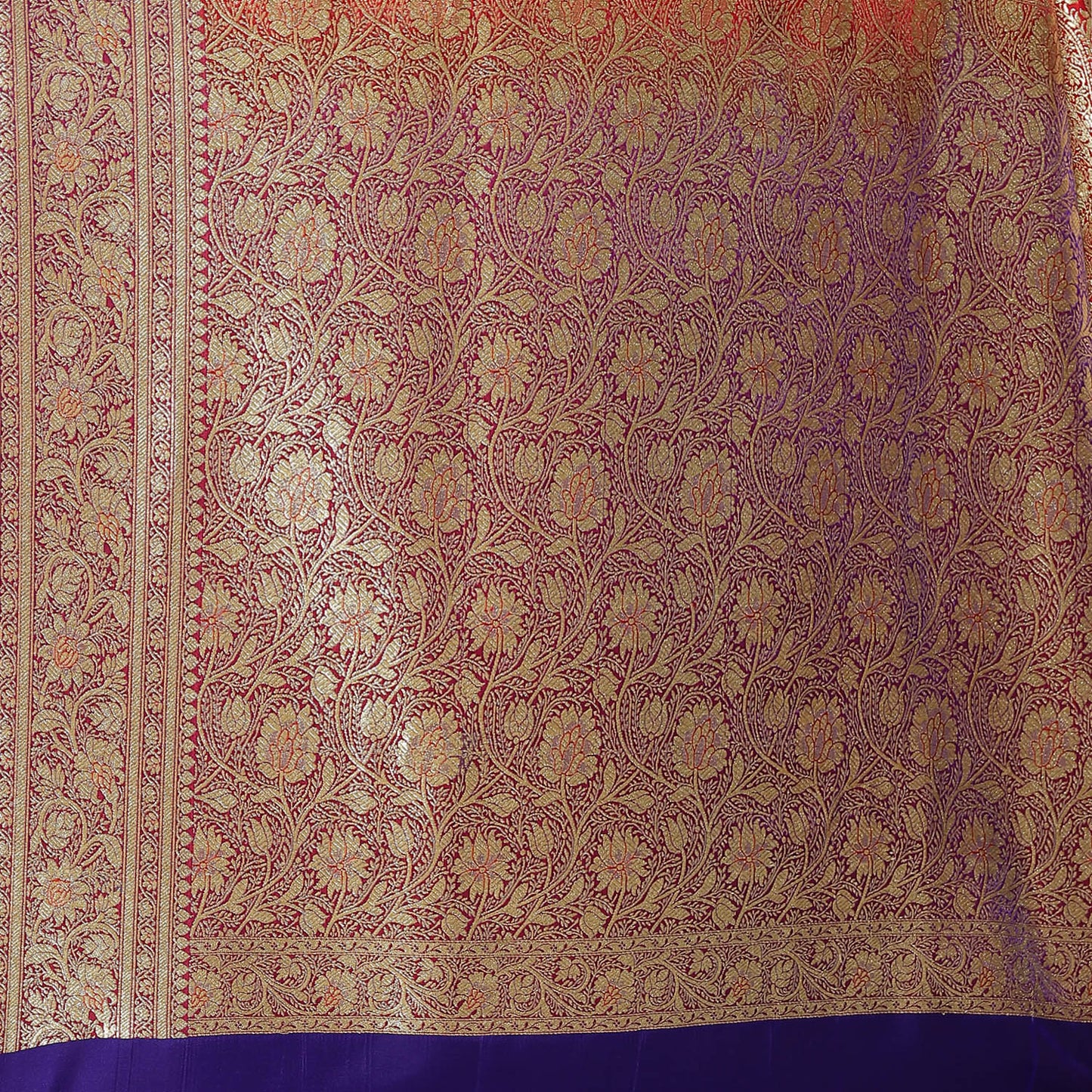 Faishana Presents Red Booti Mughal Motif Satin Silk Banarasi Saree Kadiyal Blue Borde