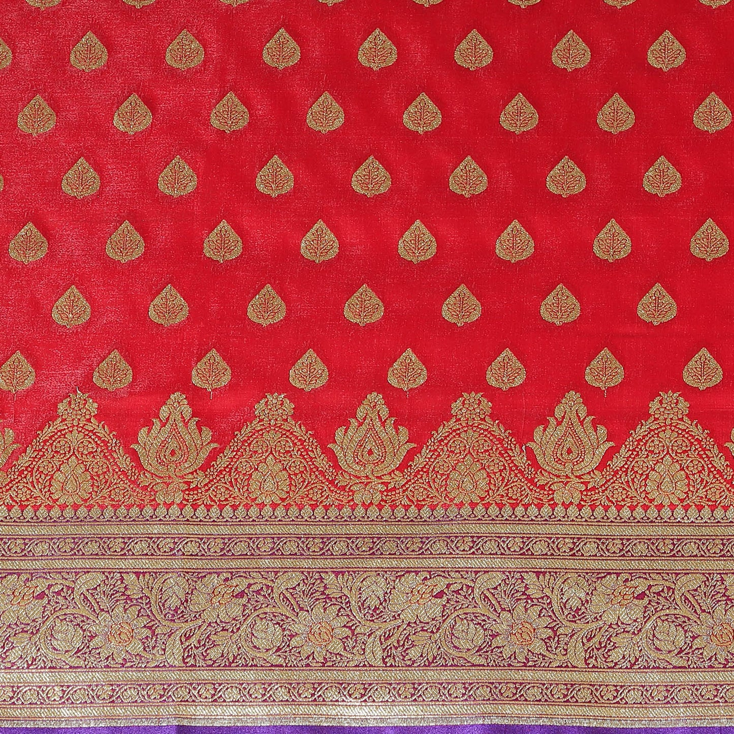 Faishana Presents Red Booti Mughal Motif Satin Silk Banarasi Saree Kadiyal Blue Borde