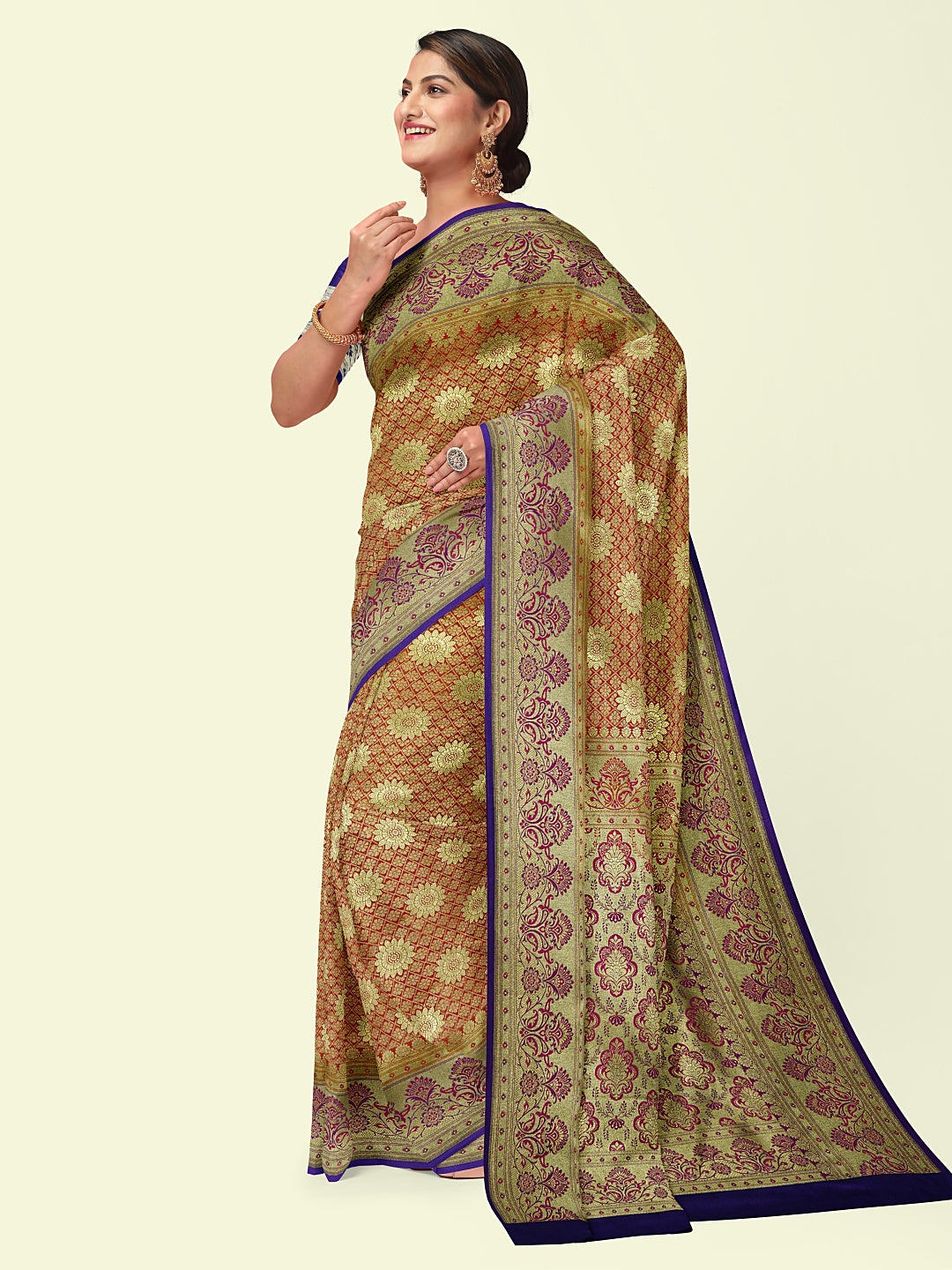 Faishana Presents Red Satin Silk Mughal Motif Zari Jaal Boota with Contrast Blue Blouse Banarasi Saree