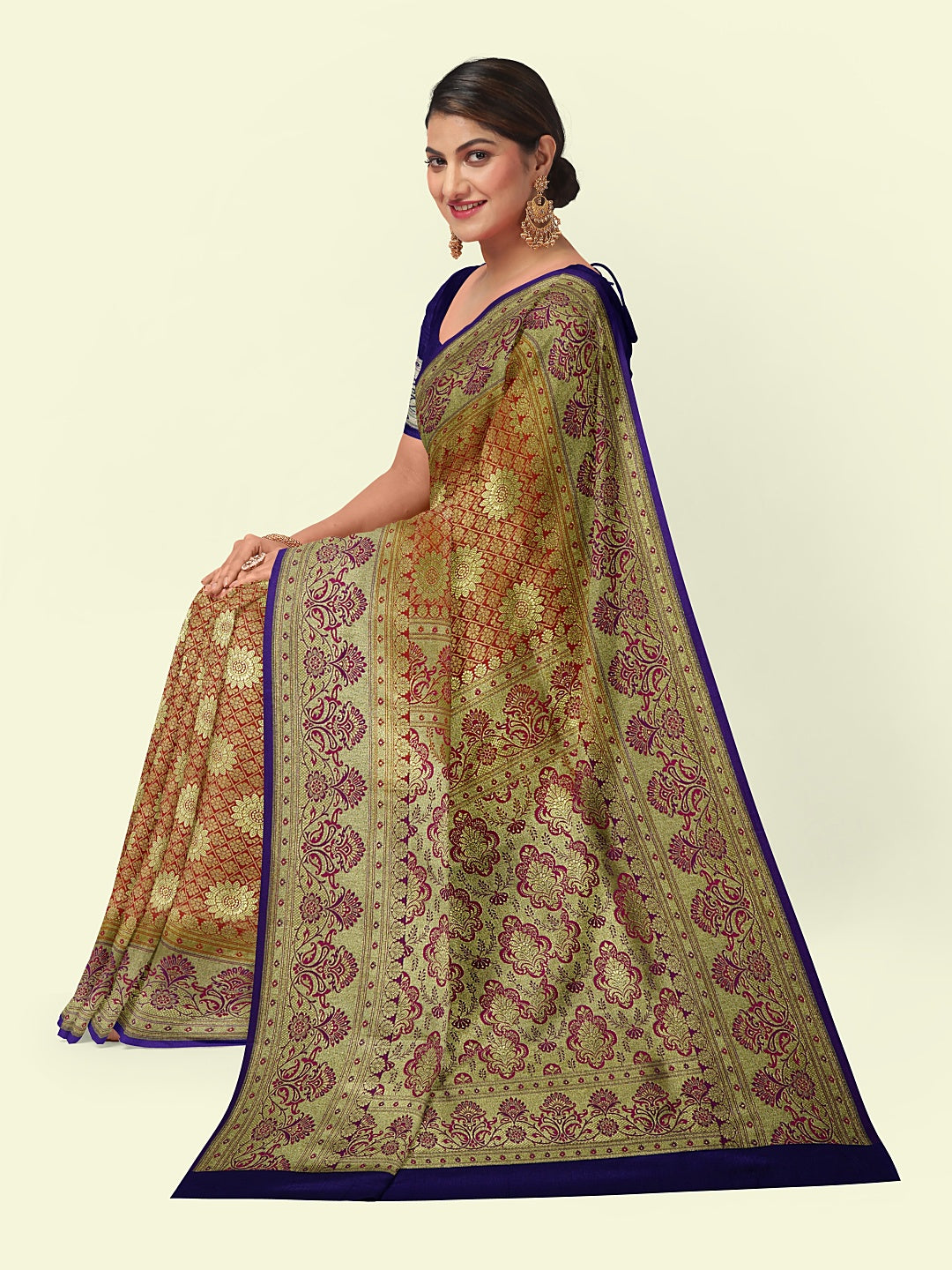 Faishana Presents Red Satin Silk Mughal Motif Zari Jaal Boota with Contrast Blue Blouse Banarasi Saree