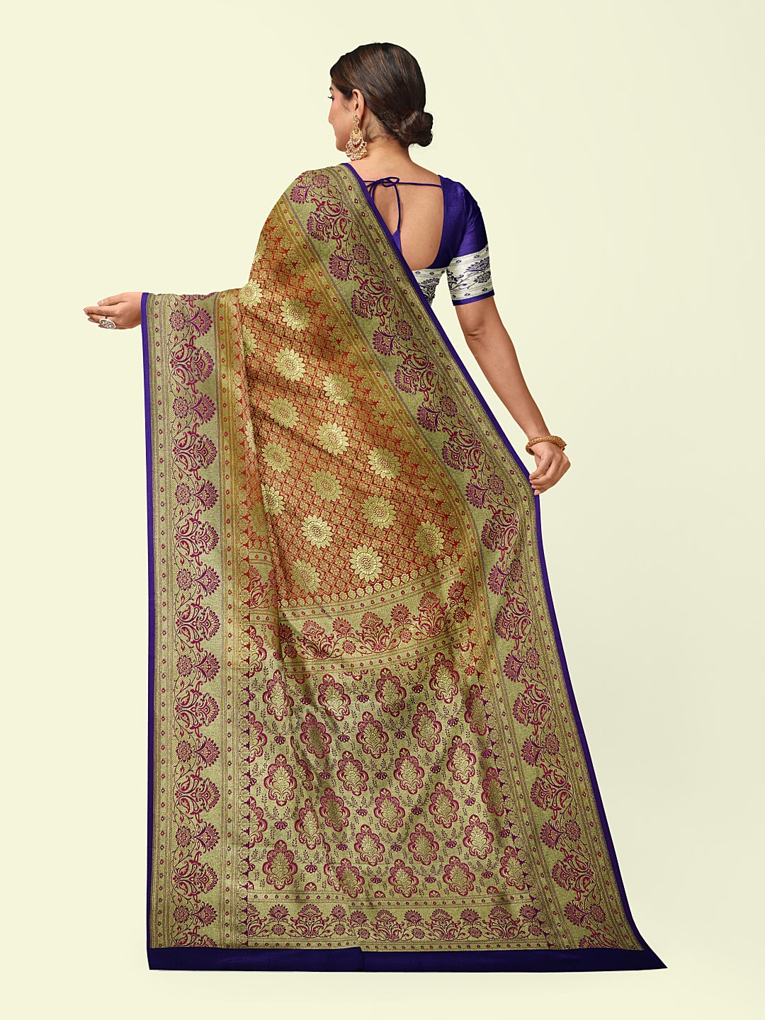 Faishana Presents Red Satin Silk Mughal Motif Zari Jaal Boota with Contrast Blue Blouse Banarasi Saree