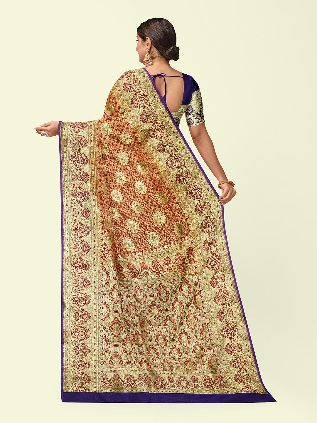 Faishana Presents Orange Satin Silk Mughal Motif Zari Boota Jaal with Contrast Blue Blouse Banarasi Saree