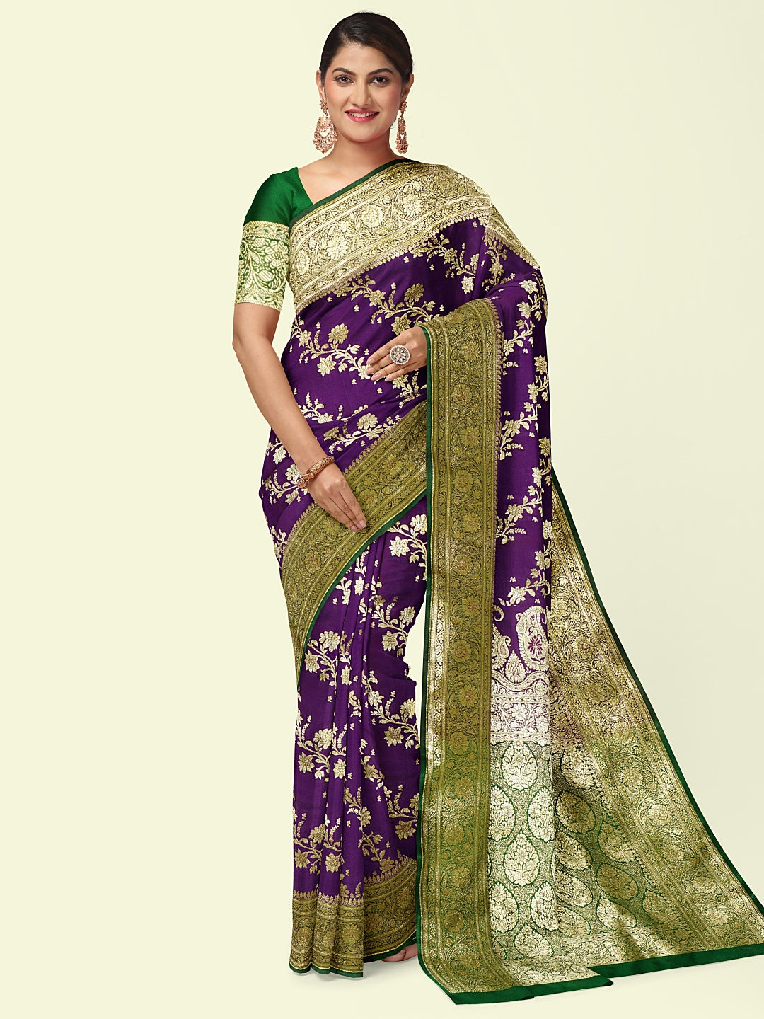 Faishana Presents Purple Satin Silk Diagonal Zari Jaal Kadiyal Green Border & Pallu With Green Blouse Banarasi Saree