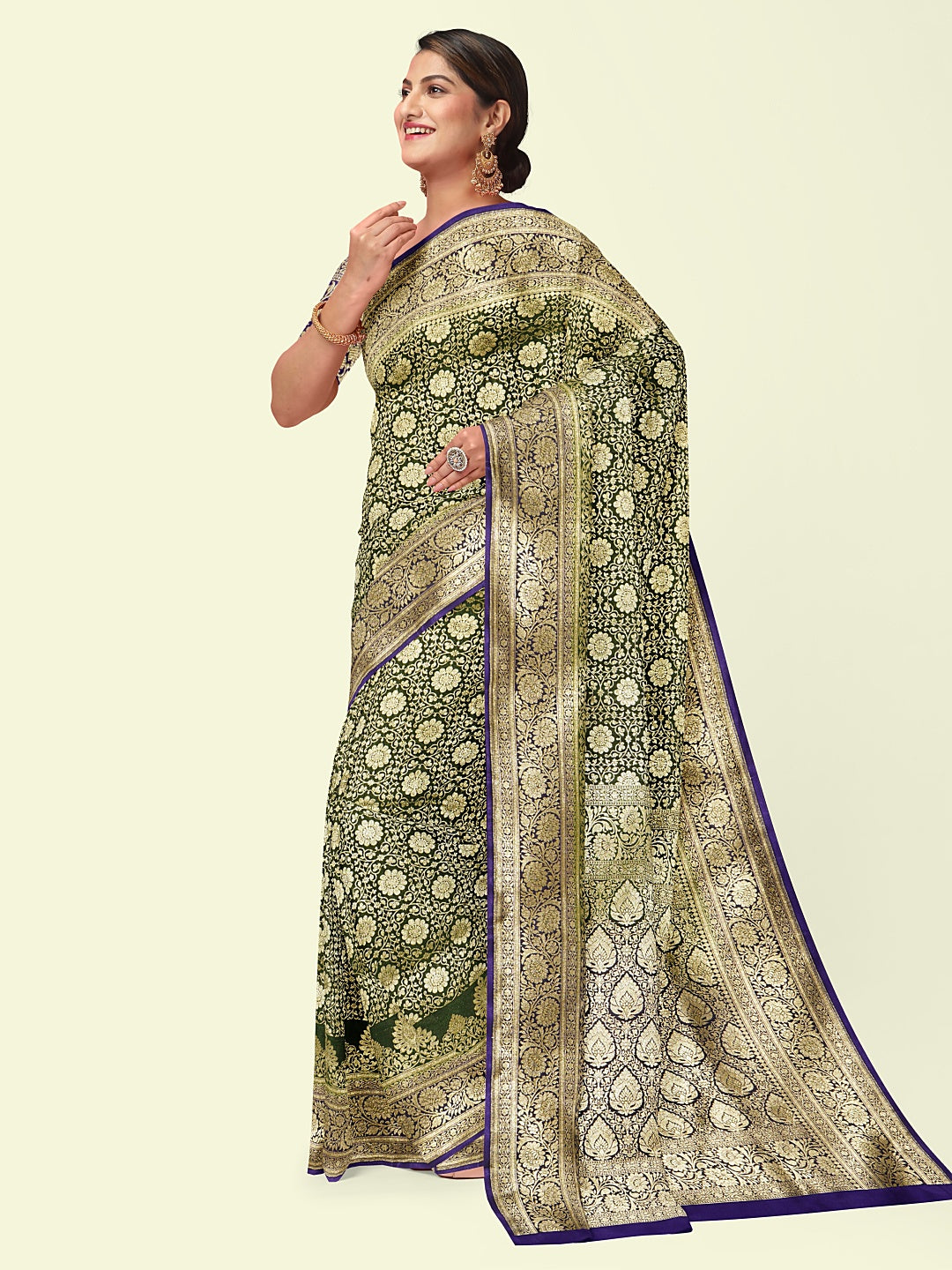 Faishana Presents Green Satin Silk Gold Zari Booti Mughal Motif Jaal Kadiyal Pallu With Blue Blouse Banarasi Saree
