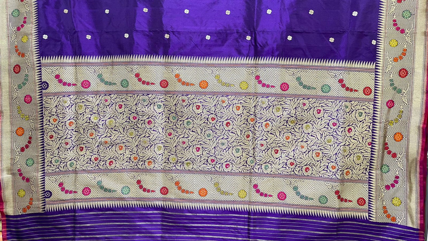 Faishana Pure Silk Handloom Katan Silk Purple Bel Booti Tilfi Mina Golden Kadhwa Zari Mina Border Saree & Purple Stripe Blouse