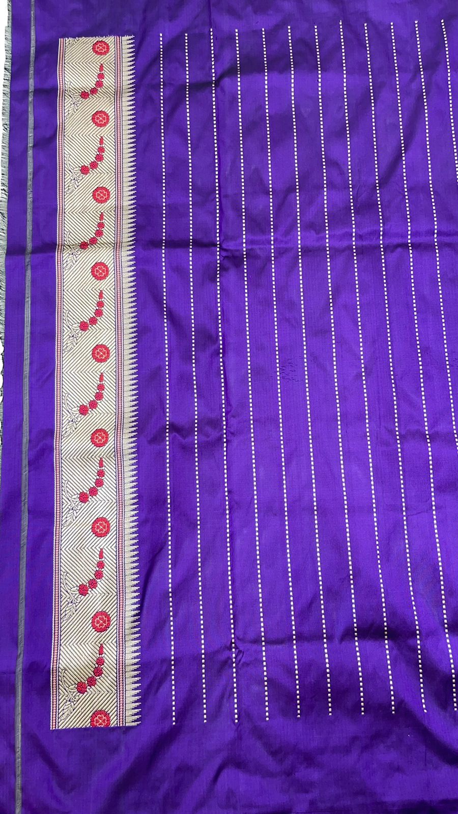 Faishana Pure Silk Handloom Katan Silk Purple Bel Booti Tilfi Mina Golden Kadhwa Zari Mina Border Saree & Purple Stripe Blouse