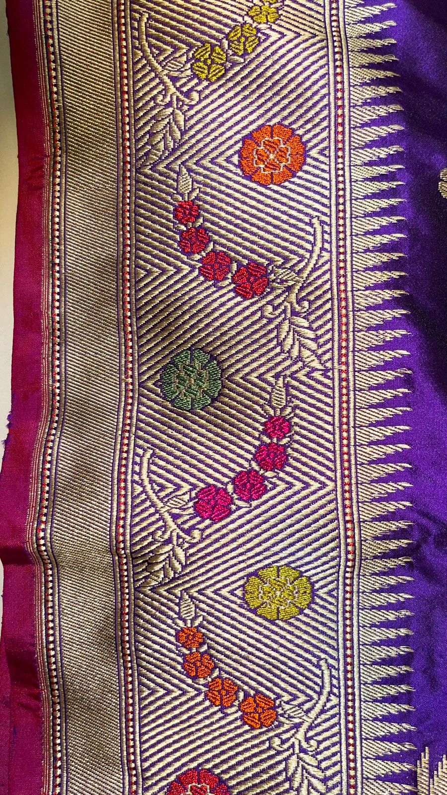 Faishana Pure Silk Handloom Katan Silk Purple Bel Booti Tilfi Mina Golden Kadhwa Zari Mina Border Saree & Purple Stripe Blouse