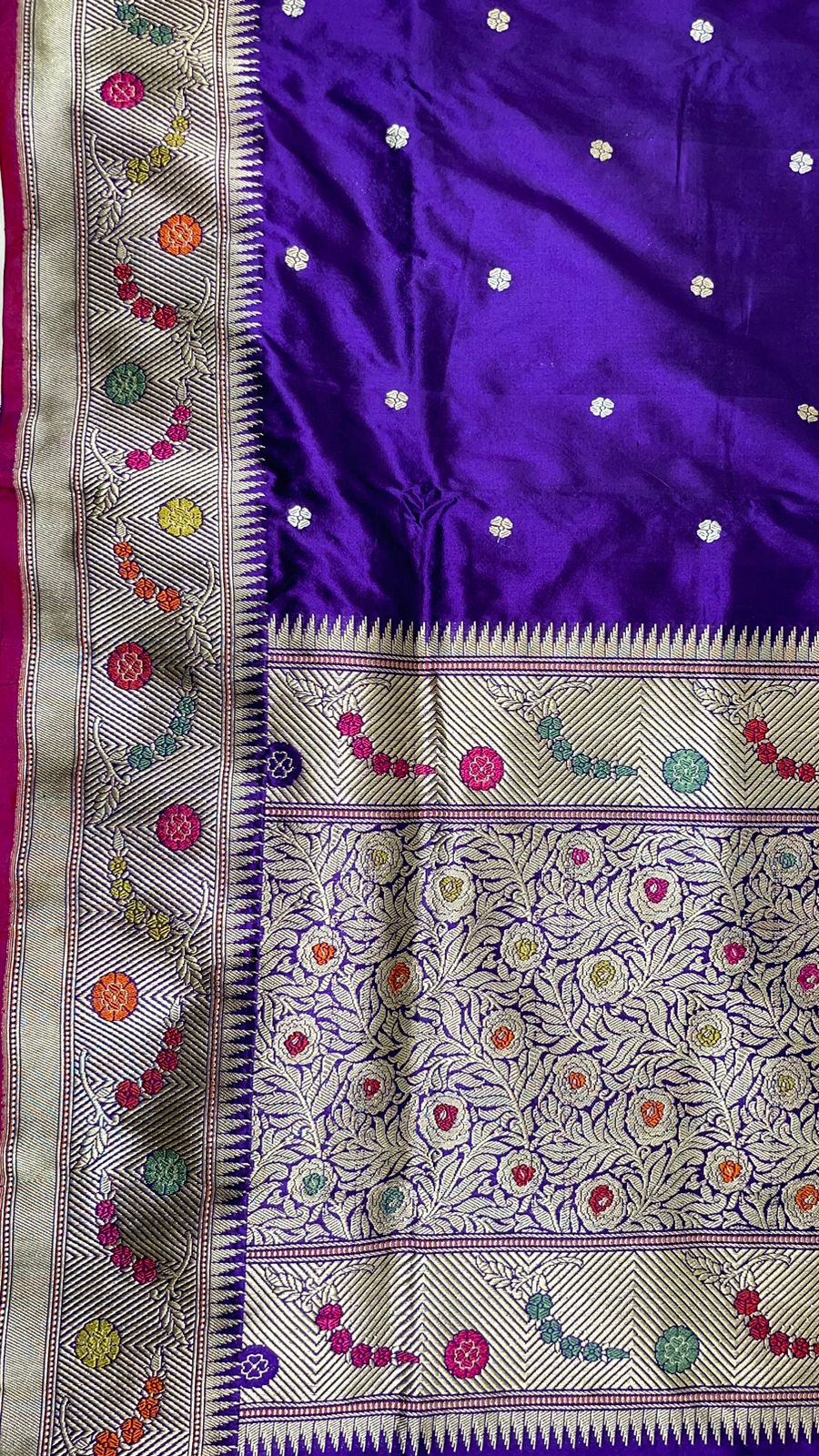 Faishana Pure Silk Handloom Katan Silk Purple Bel Booti Tilfi Mina Golden Kadhwa Zari Mina Border Saree & Purple Stripe Blouse