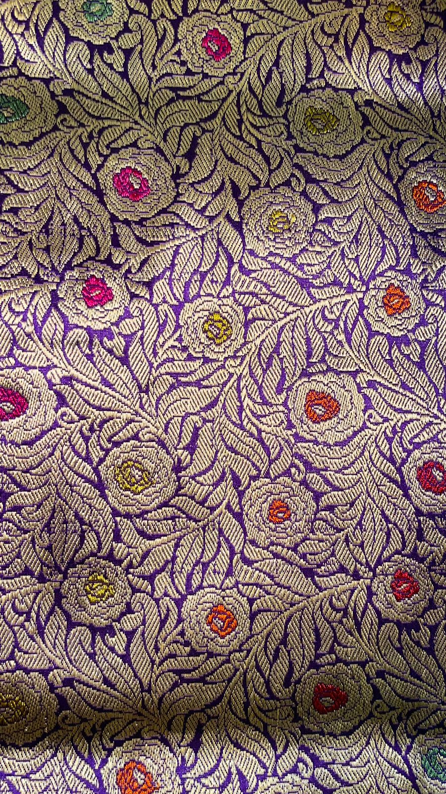 Faishana Pure Silk Handloom Katan Silk Purple Bel Booti Tilfi Mina Golden Kadhwa Zari Mina Border Saree & Purple Stripe Blouse
