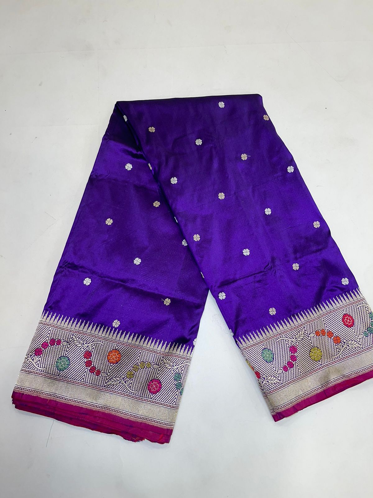 Faishana Pure Silk Handloom Katan Silk Purple Bel Booti Tilfi Mina Golden Kadhwa Zari Mina Border Saree & Purple Stripe Blouse