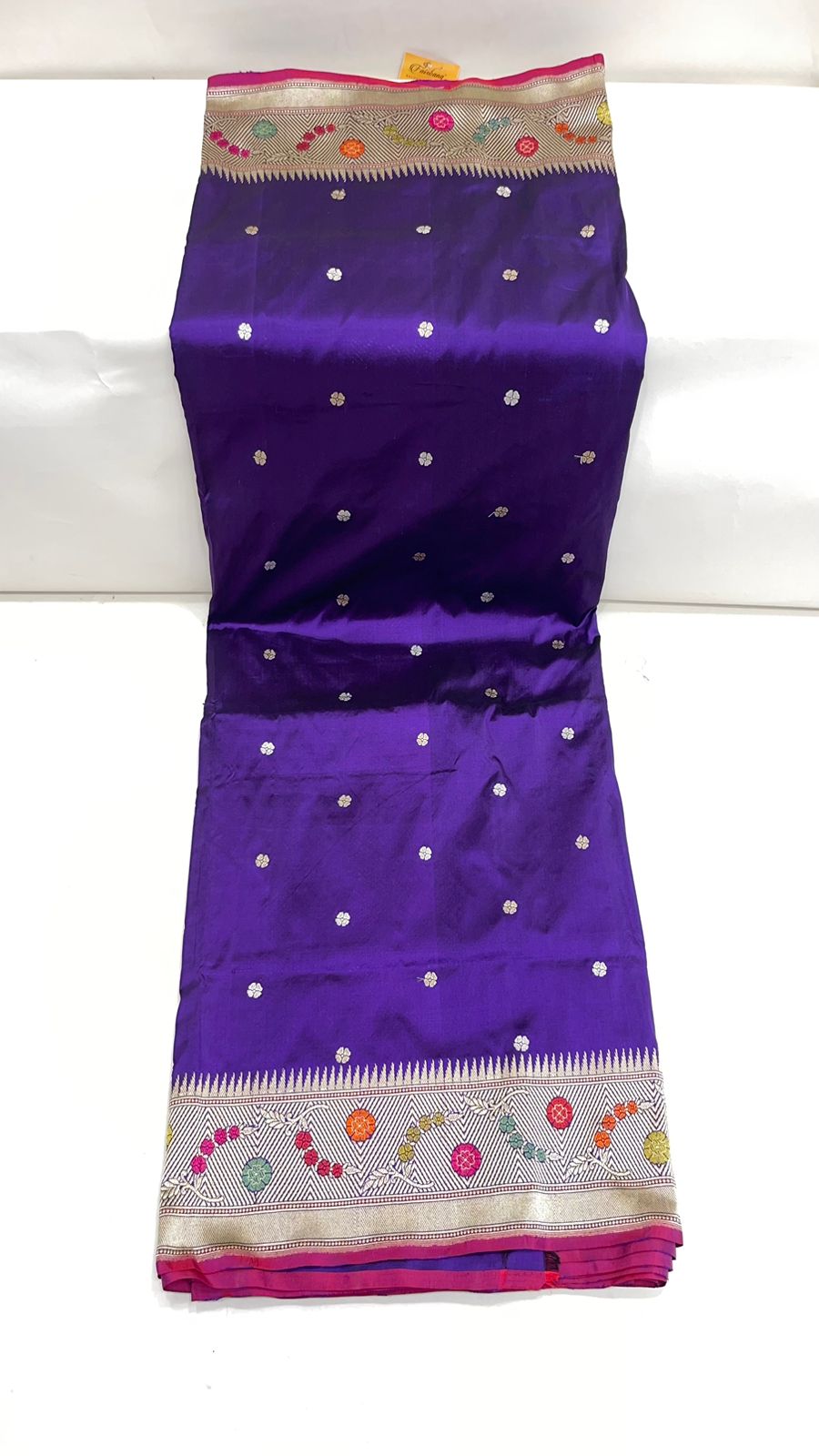 Faishana Pure Silk Handloom Katan Silk Purple Bel Booti Tilfi Mina Golden Kadhwa Zari Mina Border Saree & Purple Stripe Blouse