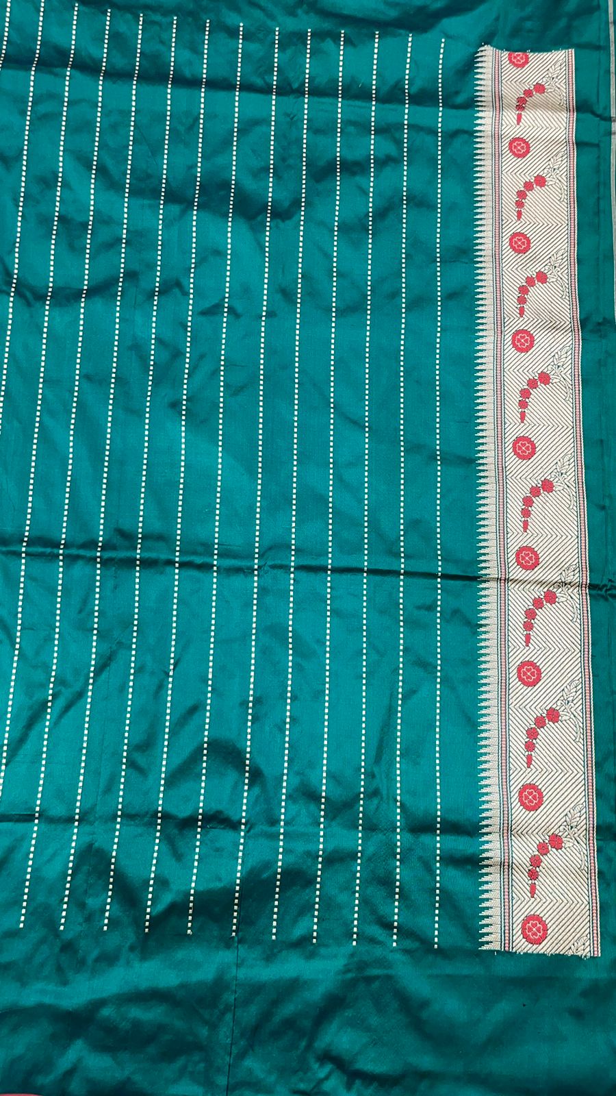 Faishana Pure Handloom Dark Green Tilfi Mina Golden Silver Booti Kadhwa Katan Silk Saree Golden Stripe Blouse