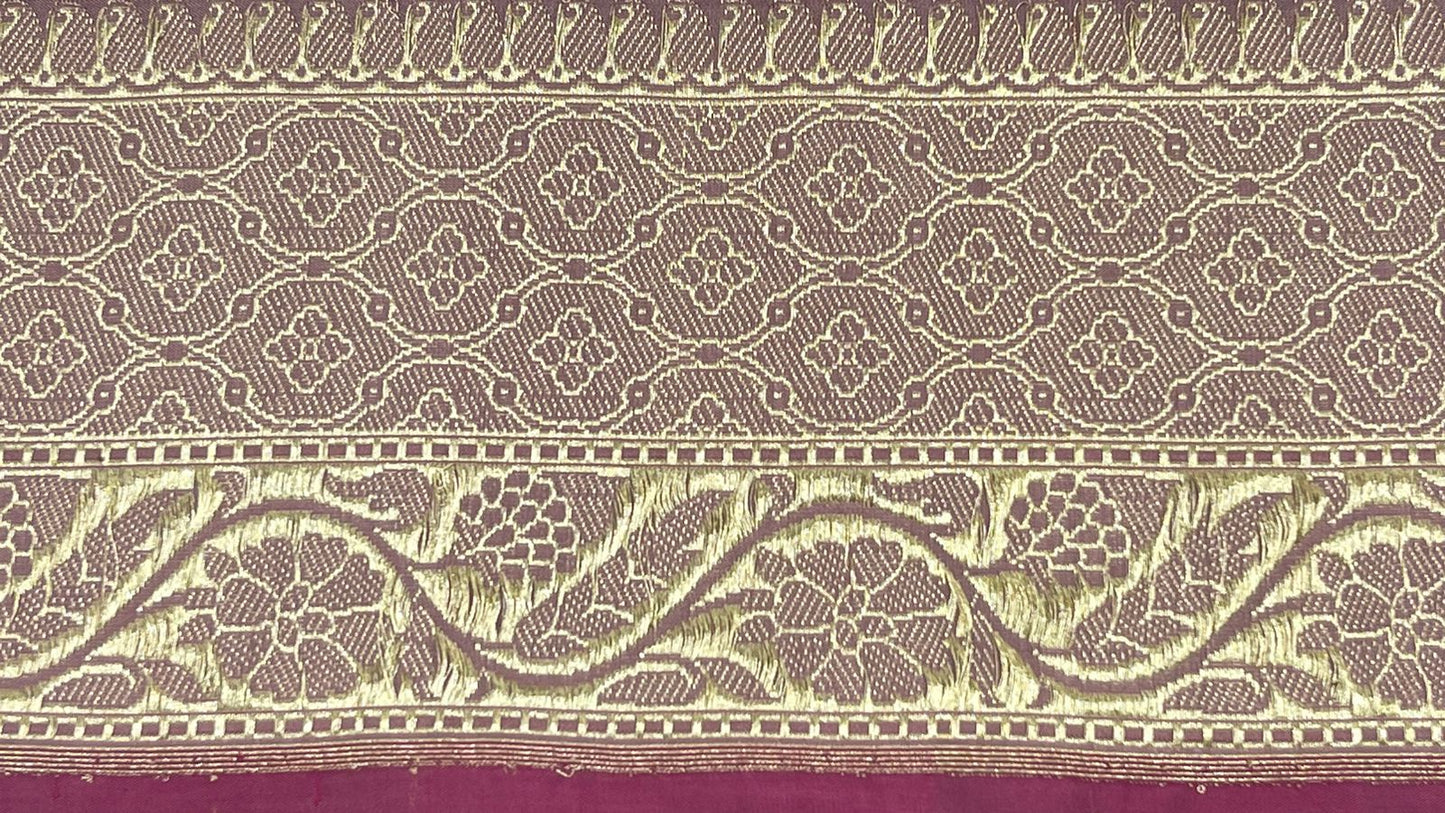 Faishana Pure Silk Handloom Mauve Katan Silk Kadhwa Sona Rupa Floral Zari Booti with Kadhwa Gold Floral Zari Anchal and Golden Stripe Mauve Blouse