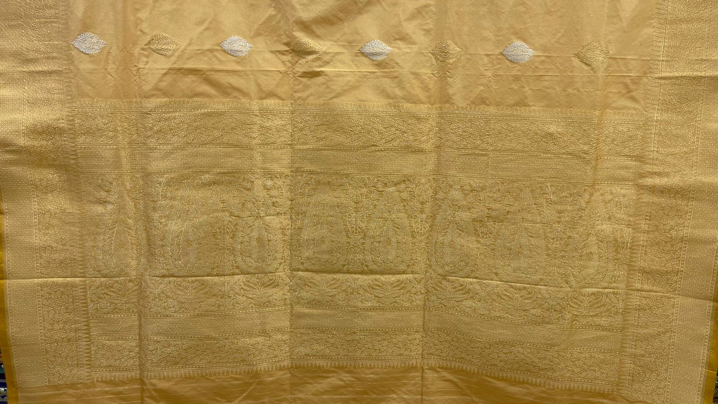 Faishana Pure Handloom Tussar Katan Silk Kadhwa Floral Sona Rupa Zari Booti with Kadhwa Zari Boota Pallu and Tussar Stripe Blouse