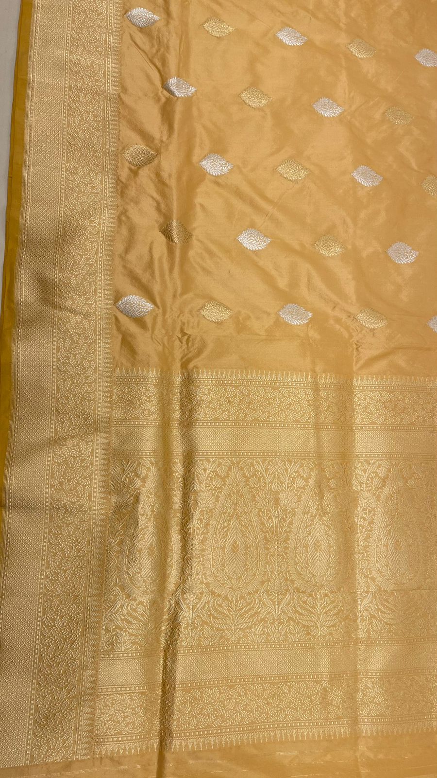 Faishana Pure Handloom Tussar Katan Silk Kadhwa Floral Sona Rupa Zari Booti with Kadhwa Zari Boota Pallu and Tussar Stripe Blouse