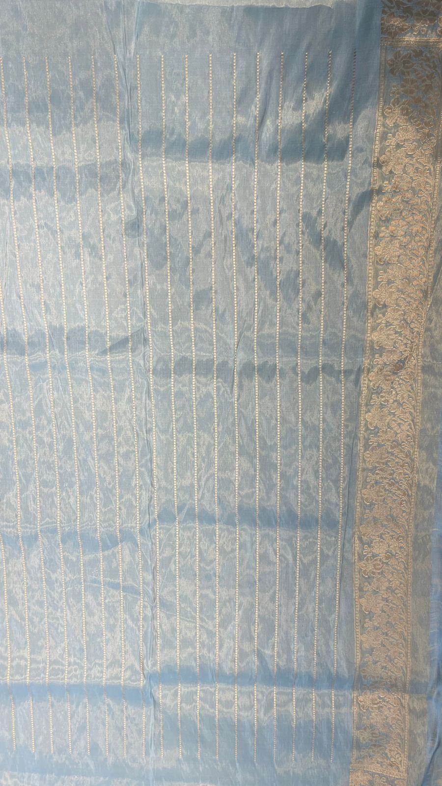 Faishana Pure Silk Handloom Katan Tissue Sky Blue Kadhwa Silver & Golden Floral Zari Booti and Kadhwa Mina Silver Zari Boota Border with Sky Blue Stripe Blouse