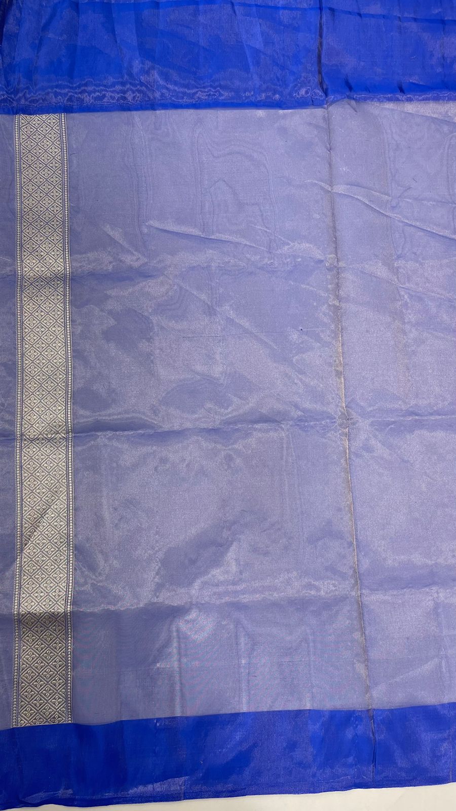 Faishana Pure Handwoven Coral Peach Katan Tissue Silk Kadhwa Sona Rupa Mina Booti with Contrast Kadhwa Blue Zari Mina Border and Blue Blouse